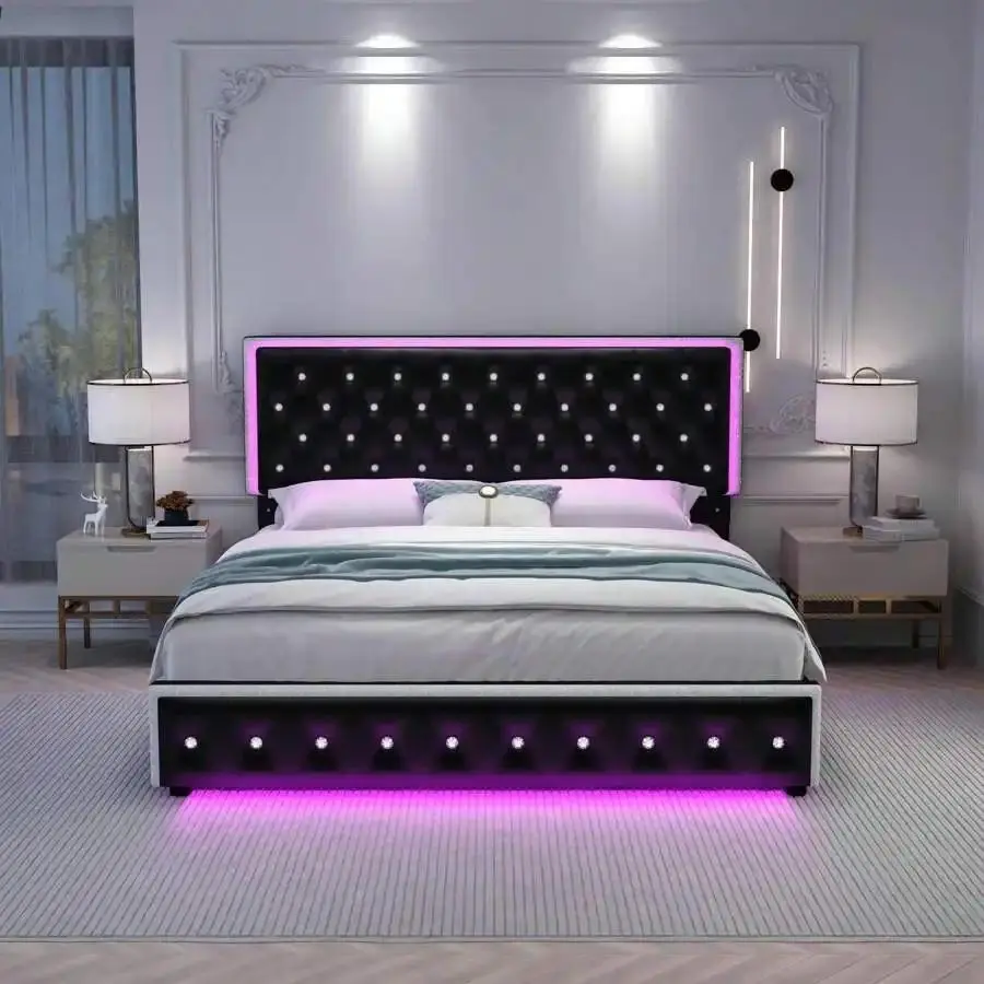Classic Crystal Tufting RGB LED PU Leather Black Bed Frame - Queen/King/Full Sizes, 2 Drawers, 2 Side Pockets, Solid Slats Support, Noise-Free, No Box Spring Needed, Easy Assembly, Clothes Storage Solution