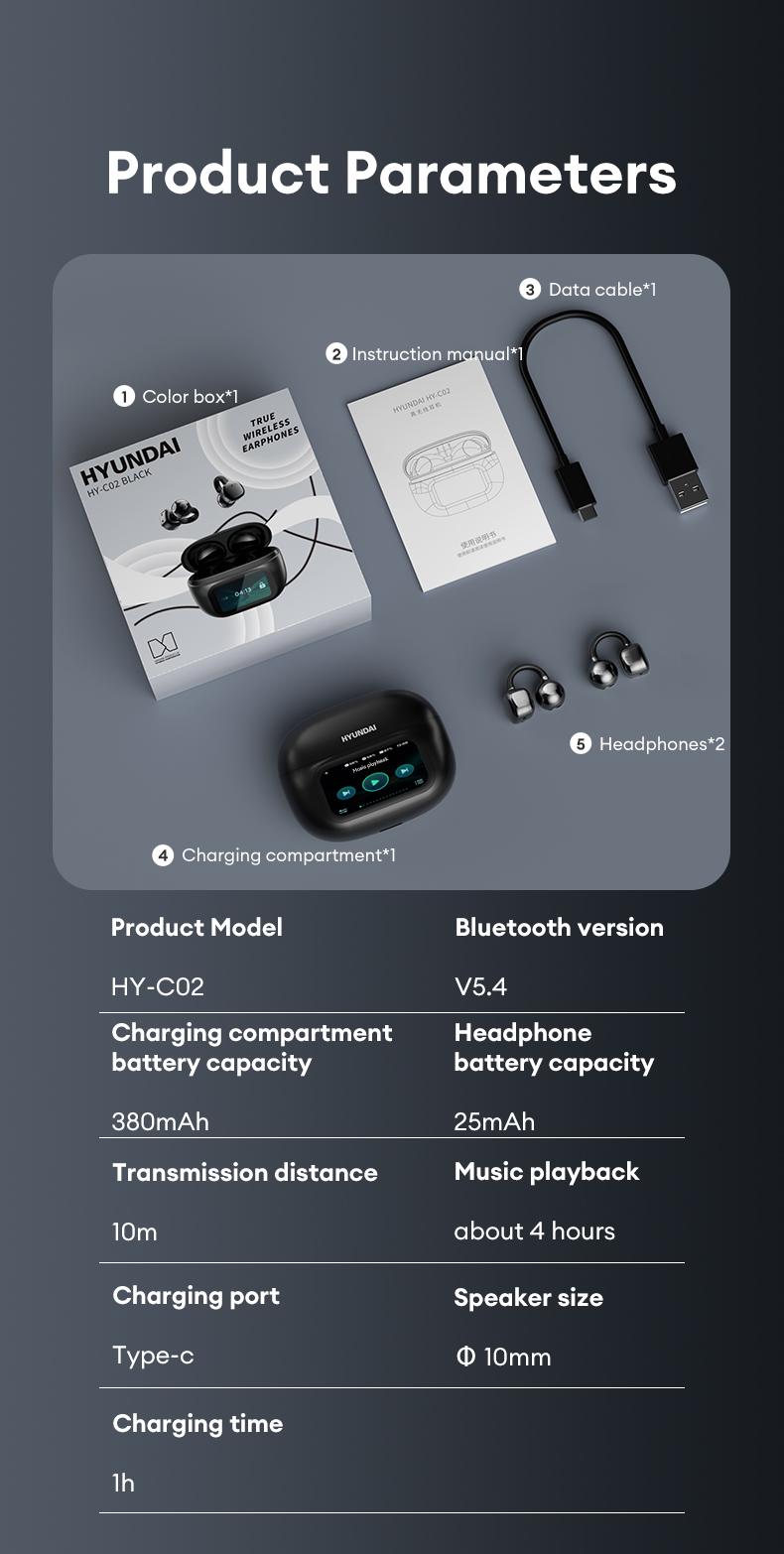 HYUNDAI C02 Clip-On Wireless Headphones with Bluetooth 5.4 Full-Color Touch Screen Electronic Audio Earbud Headset for Music & Phone Calls