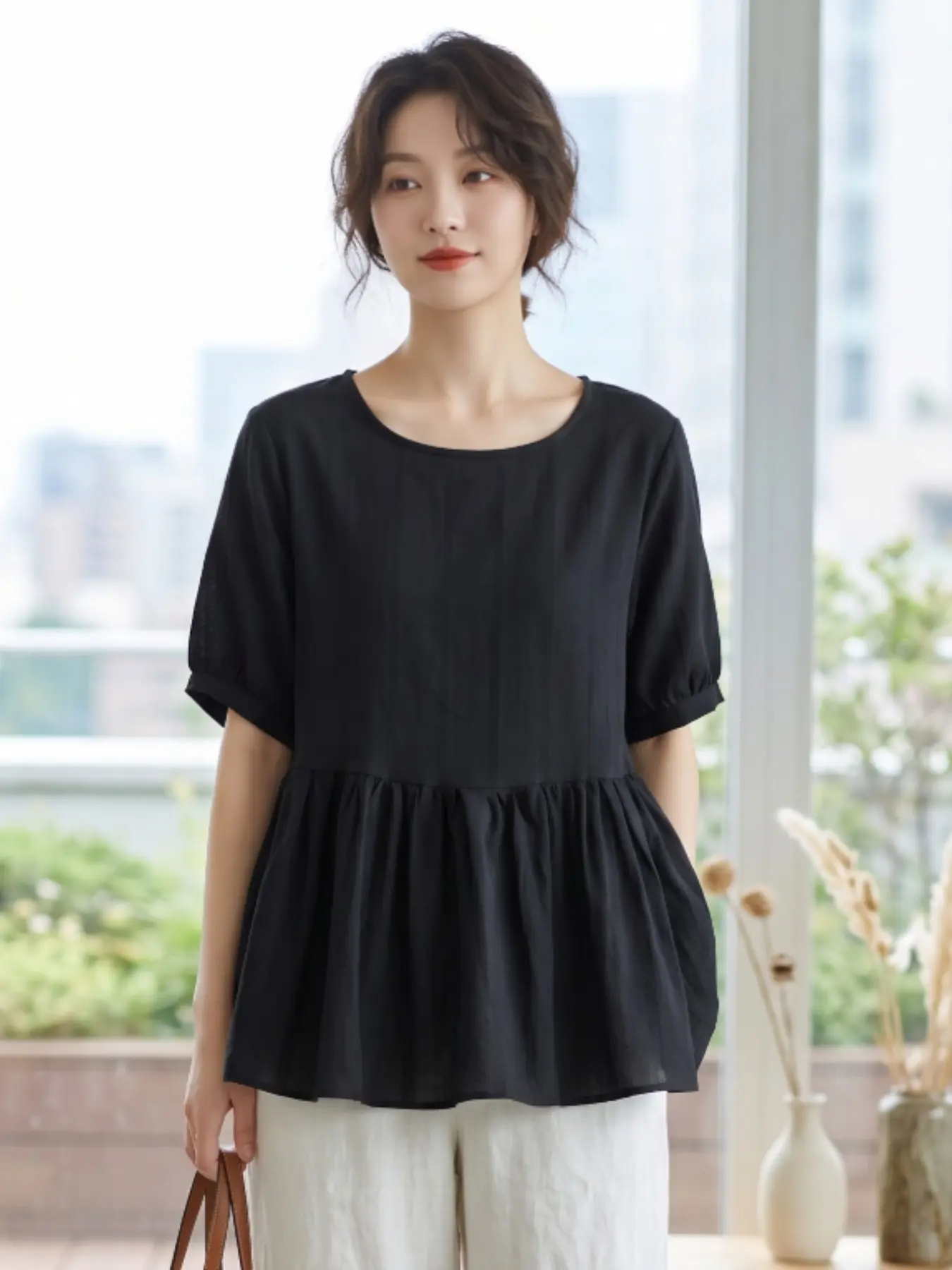Loose-Fit Ruffle Hem Short Sleeve T-Shirt, Conceals Belly, Solid Color, Comfortable & Stylish, Perfect for Casual Wear