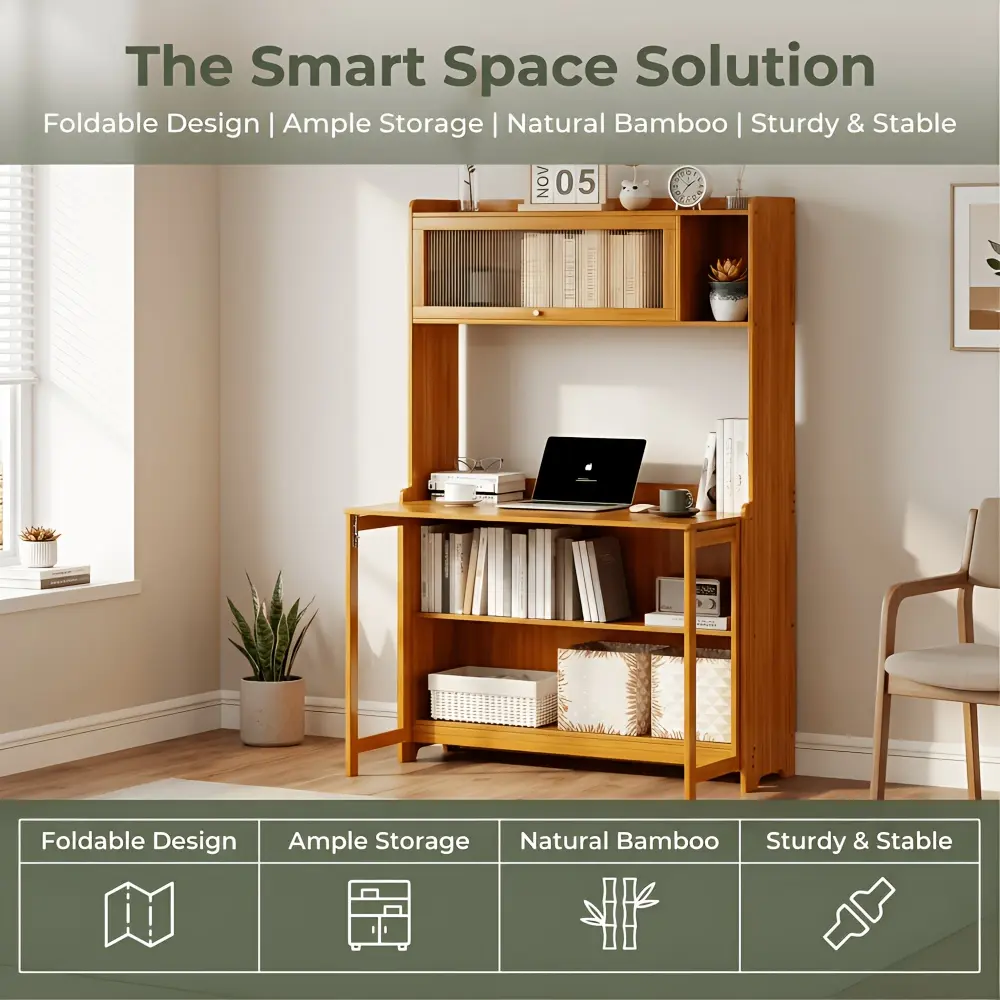 Foldable Computer Desk with Bookshelf - Writing Table Suitable for Home Office, Space-Saving Workstation with Storage Shelf, Bookcase Desk for Bedroom, Assembly Required