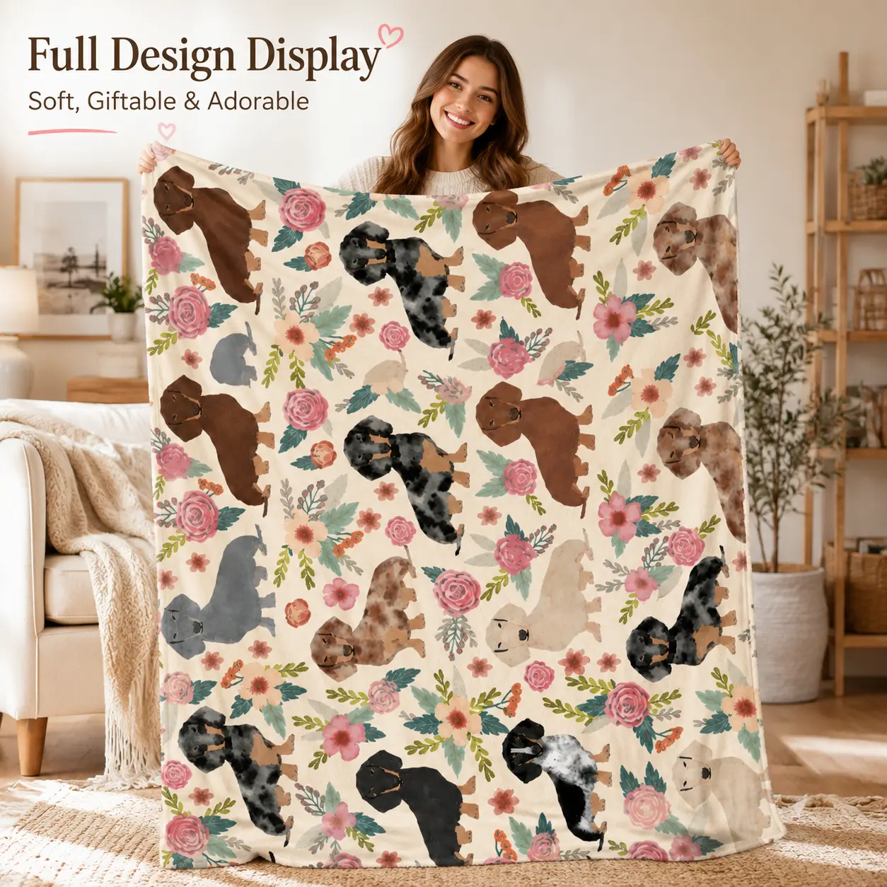 Cartoon Figure Print Flannel Fleece Blanket - Casual Soft Premium All-Season Bed Blanket, Decorative Giftable Sausage Dachshund Design Throw for Cozy Lightweight Use, Cartoon Pattern Blanket