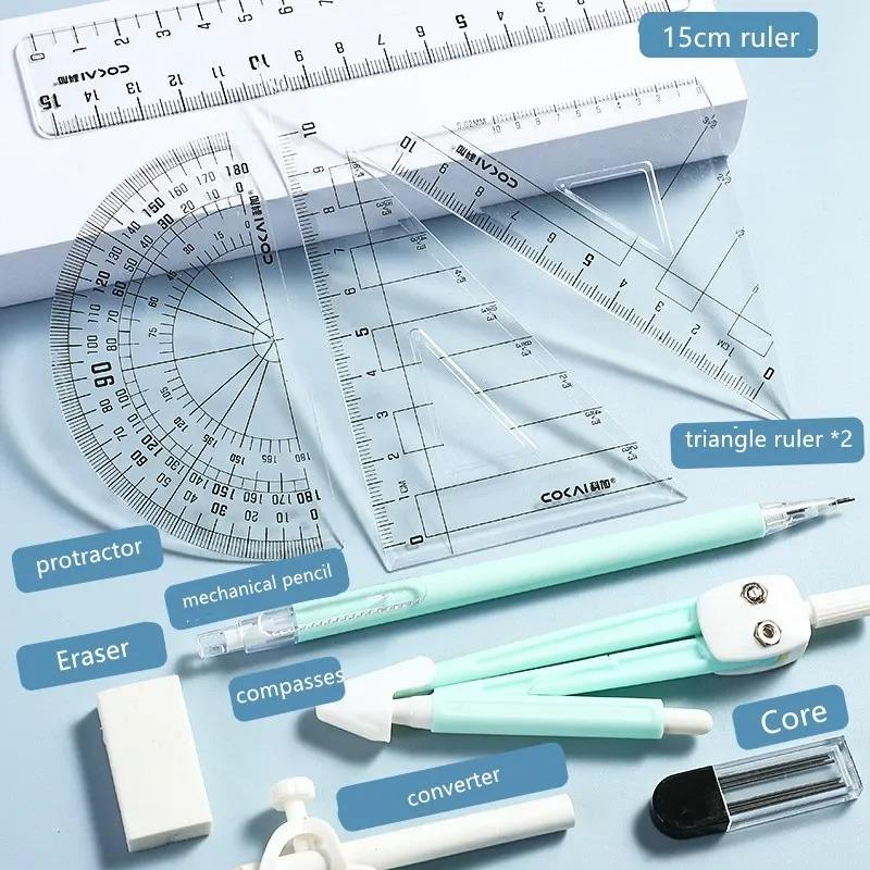Clear Scale 9-piece Compass Ruler Set Measuring Ruler Student Math Drawing Tools Exam Kit for Elementary School Students