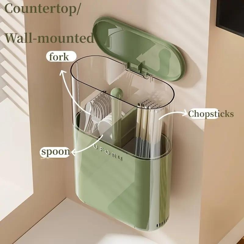Wall-Mounted Kitchen Storage Rack with Dust Cover, Multifunctional Utensil Holder, Kitchenware, Home Essential, One Size Fits All