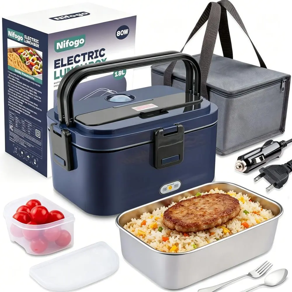 80W Quick Heat Portable Electric Lunch Box Food Warmer, 1.5-3.5L Waterless Heating Safe Stainless Steel Liner Utensil Storage Bag Included