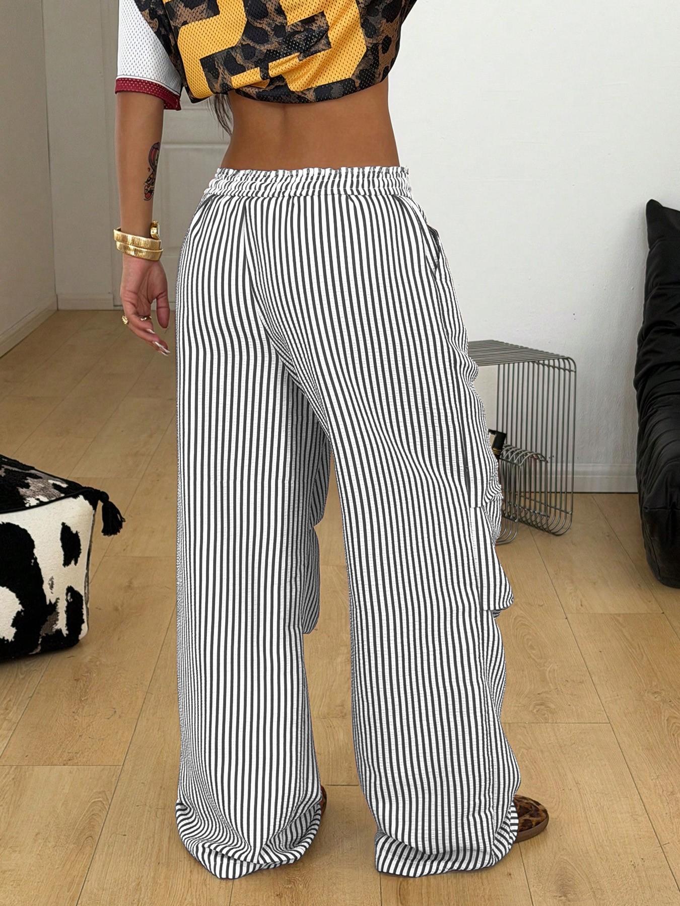 Women's Striped Wide Leg Pants, High Waisted Drawstring Casual Trousers, Loose Fit Baggy Lounge Pants, Y2K Streetwear, Comfortable Everyday Wear