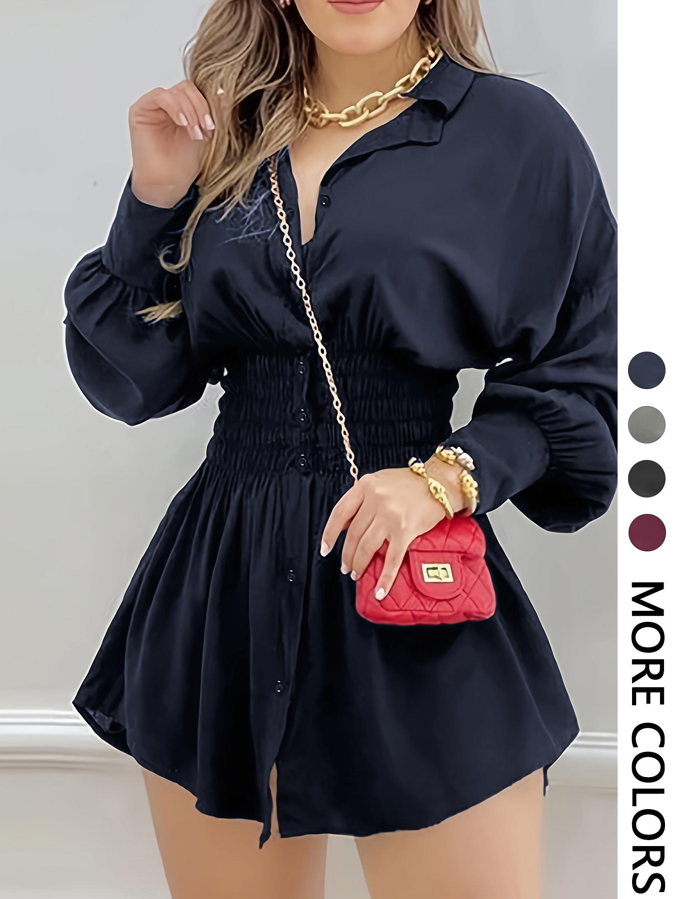 Women's Fashion Trendy Solid Color Pleated Waist Long Sleeve Dress, Casual Fitted Style, All Seasons Wear, Plain Pattern