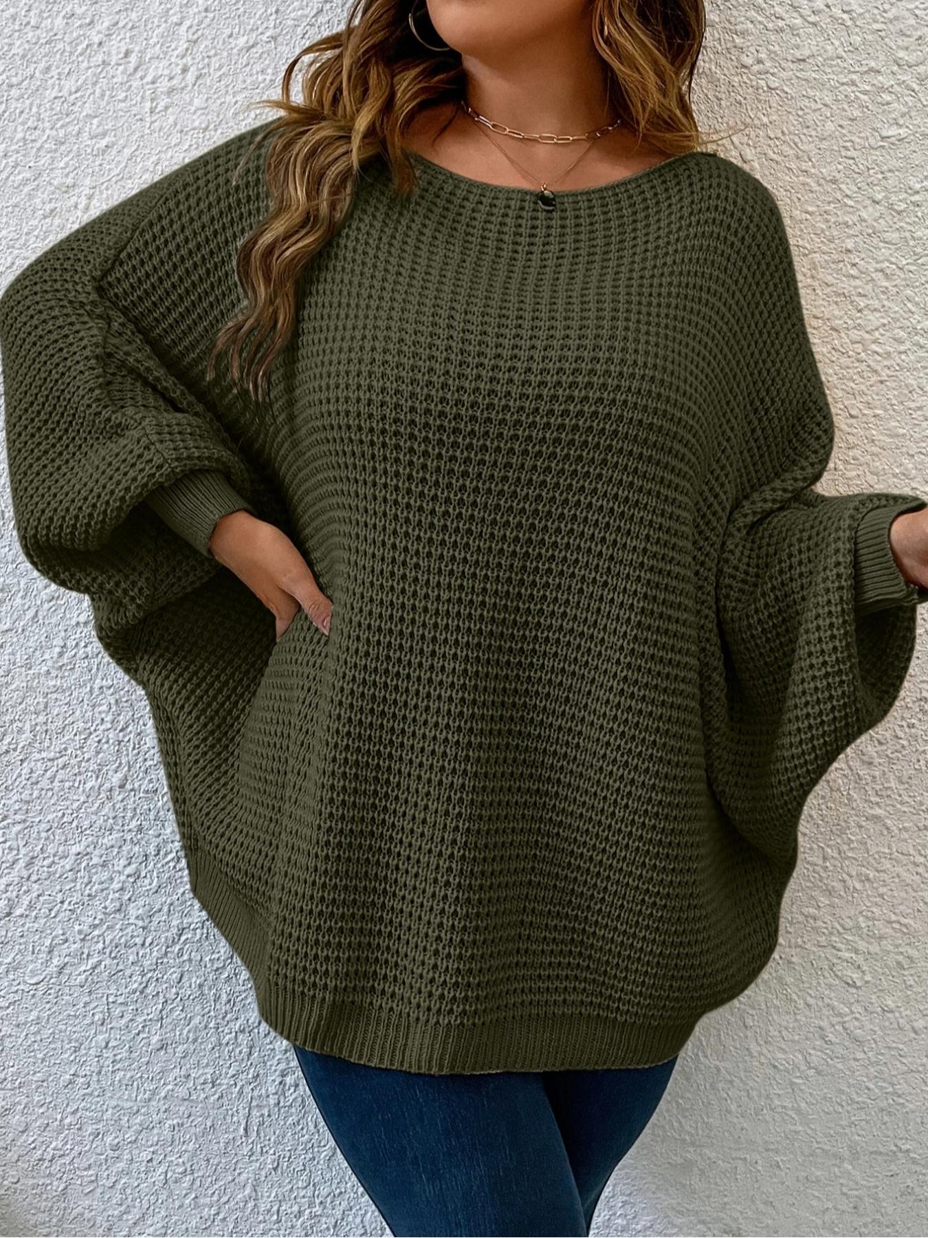 Lune Plus Size Oversized Batwing Sleeve Pullover Sweater, Comfortable Warm Knitwear for Women, Fashionable Winter Trendy Sweater
