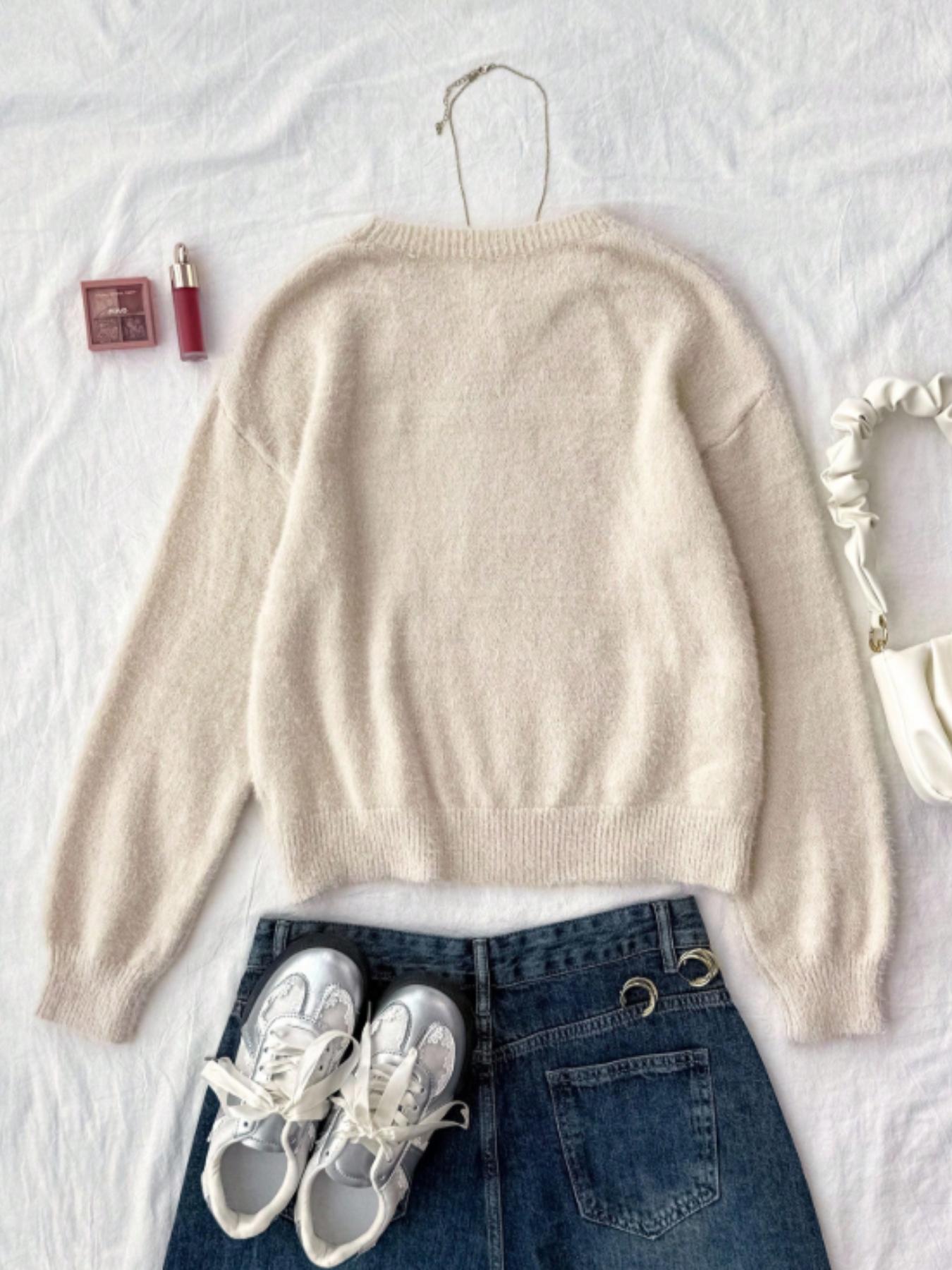 Women's Star Pattern Knit Pullover Long Sleeve, Soft Puffy Round Neck Sweater, Casual Fitted Fall/winter Clothing, Comfortable and Stylish