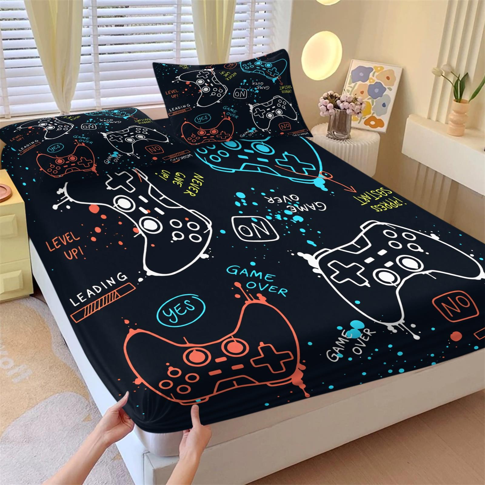 3 Piece Gamer Fitted Sheet Set, 1 Fitted Sheet + 2 Pillowcases, Cool Game Controller Bedding for Boys Teens Gamers, Gaming Room Decor for Kids Bedroom Dorm, Ideal Gift for Video Game Lovers