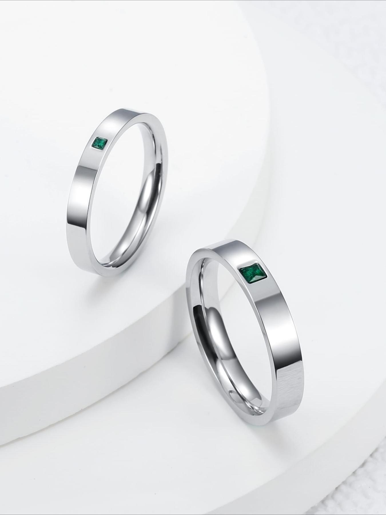Light Luxury Stainless Steel Green Zircon Couple Ring Minimalist Flat Plain Ring Stainless Steel Non Fading Couple Anniversary Gift