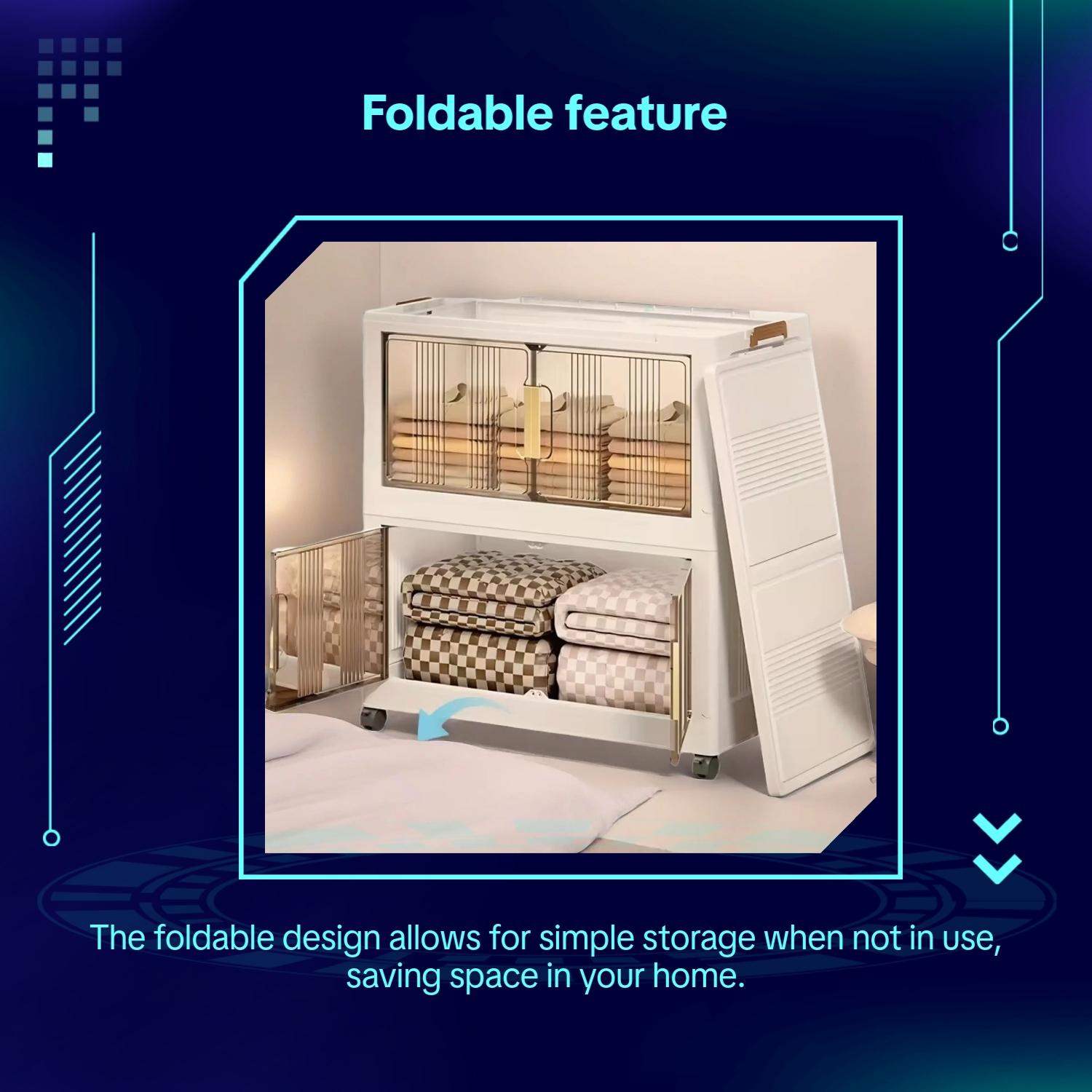 Stackable storage boxes with lids and wheels, available in 5/4/3 layers; foldable plastic storage cabinets; wheeled storage trolleys; suitable for bedrooms, living rooms, kitchens, and offices.