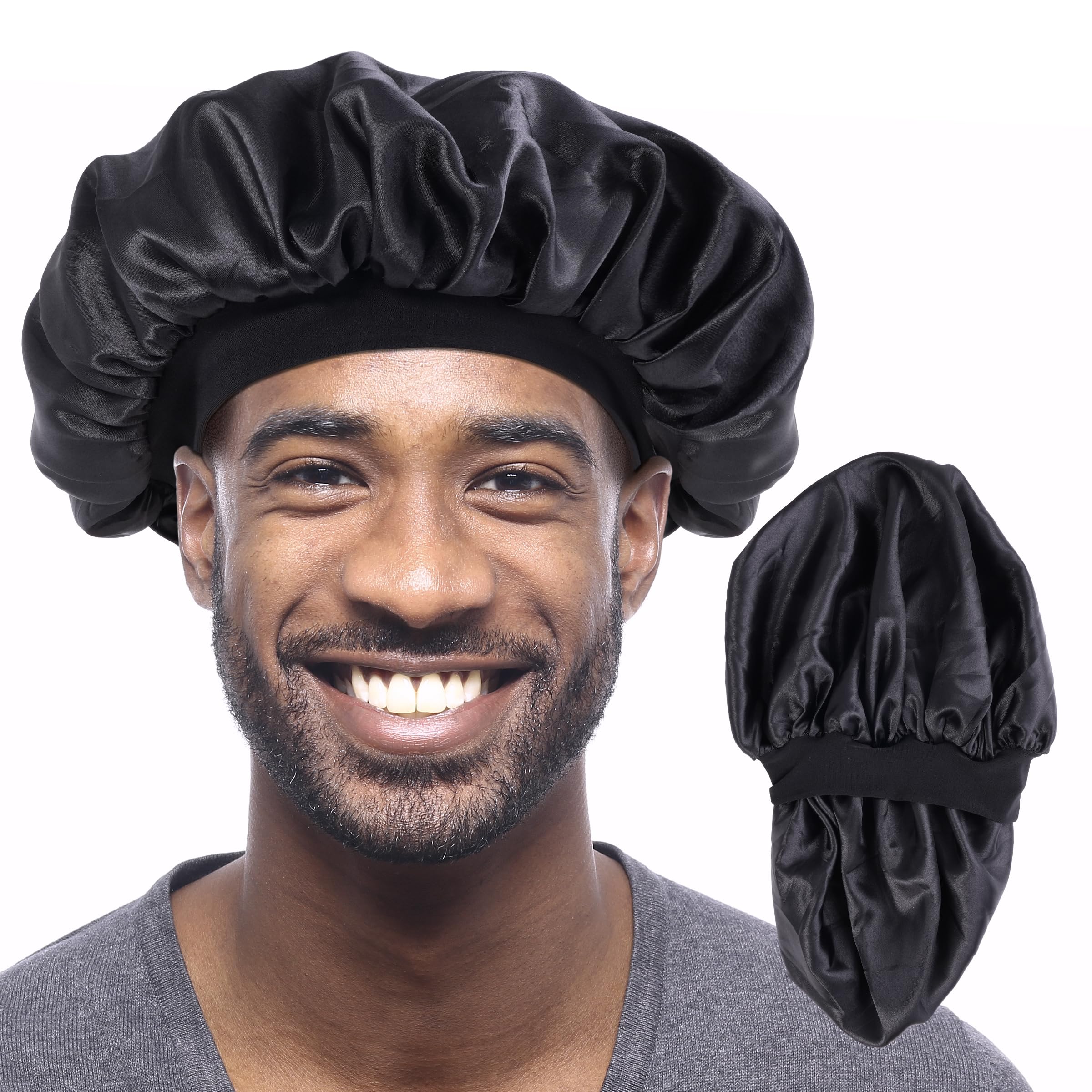 Double Layer Satin Hair Bonnet for Men & Women - Reversible Night Cap for Curly Hair - Black Satin Bonnet for Ultimate Hair Protection & Style - Ideal for Sleeping & Everyday Wear - Unisex Hair Bonnet for Men and Women