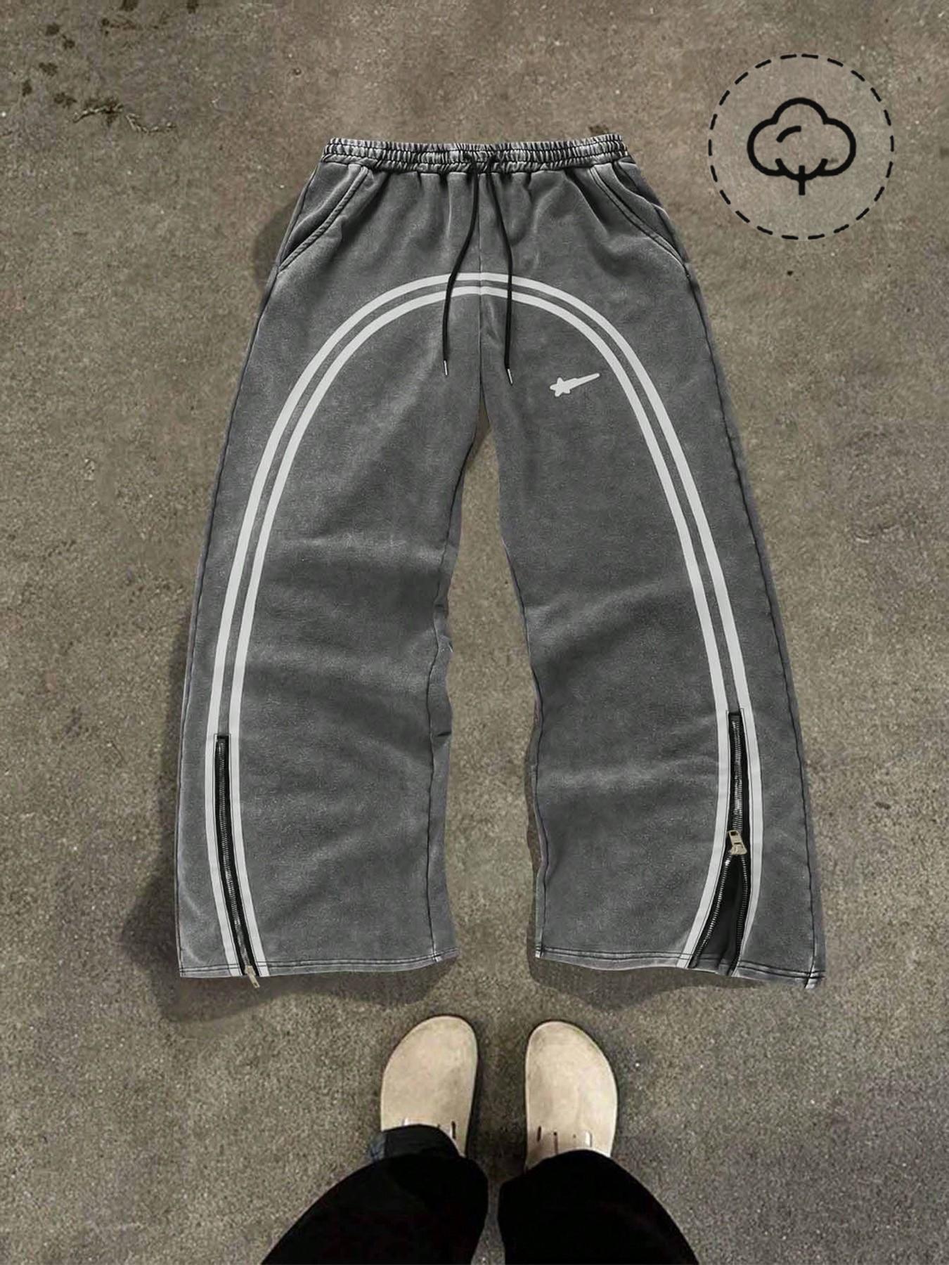 Men's Star & Striped Print Washed Distressed Drawstring Waist Sports Sweatpants, Regular Fit Casual Comfy Fashion Pocket & Zipper Design Pants for Fall & Winter, Sports Bottoms, Casual Athletic Pants, Athleisure Style Bottoms