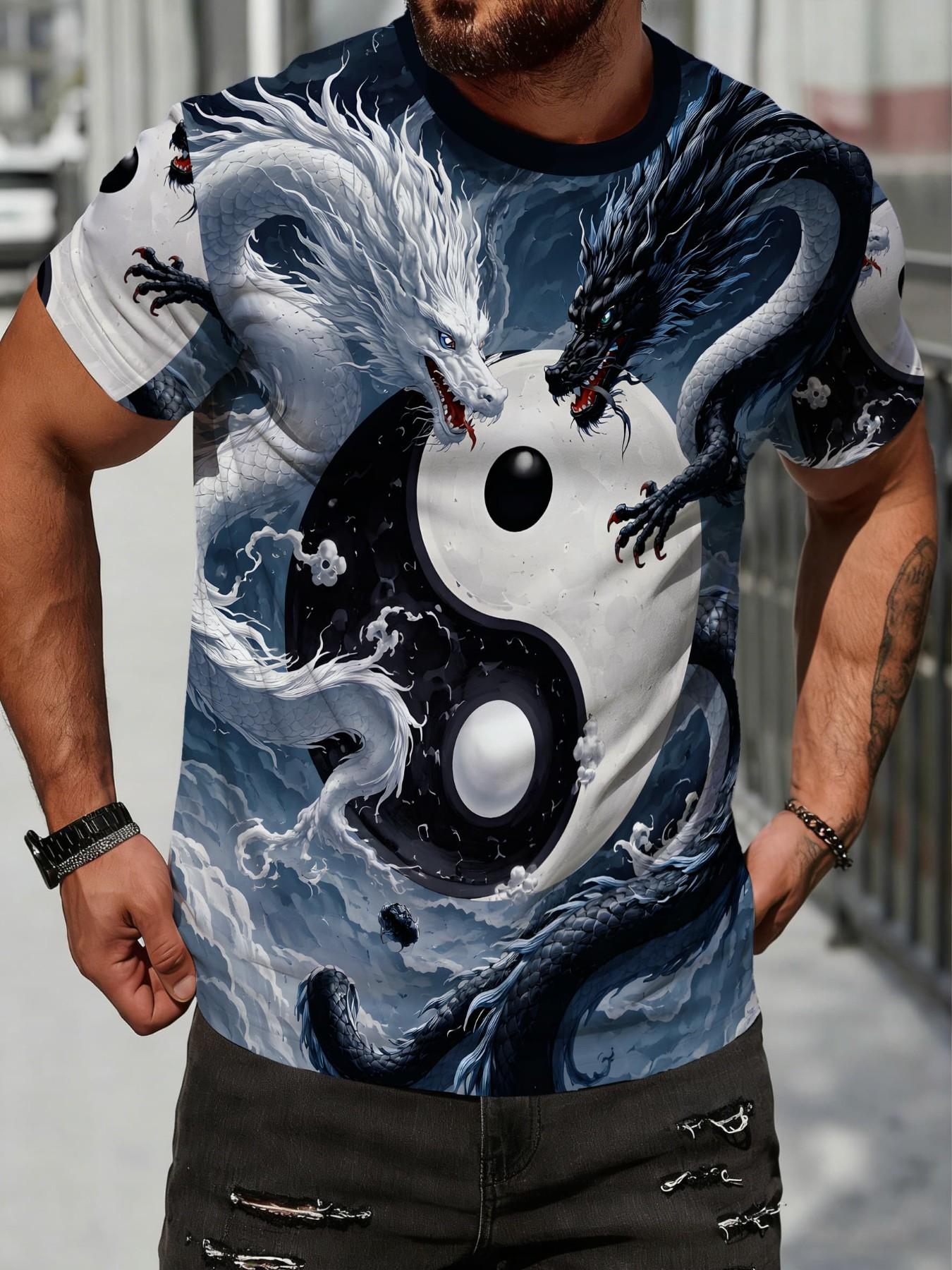 Unisex Quick-Dry Short Sleeve Jersey, Tai Chi & Dragon Design, Casual Fitted Top, Soft Material, Ideal for Outdoor Activities