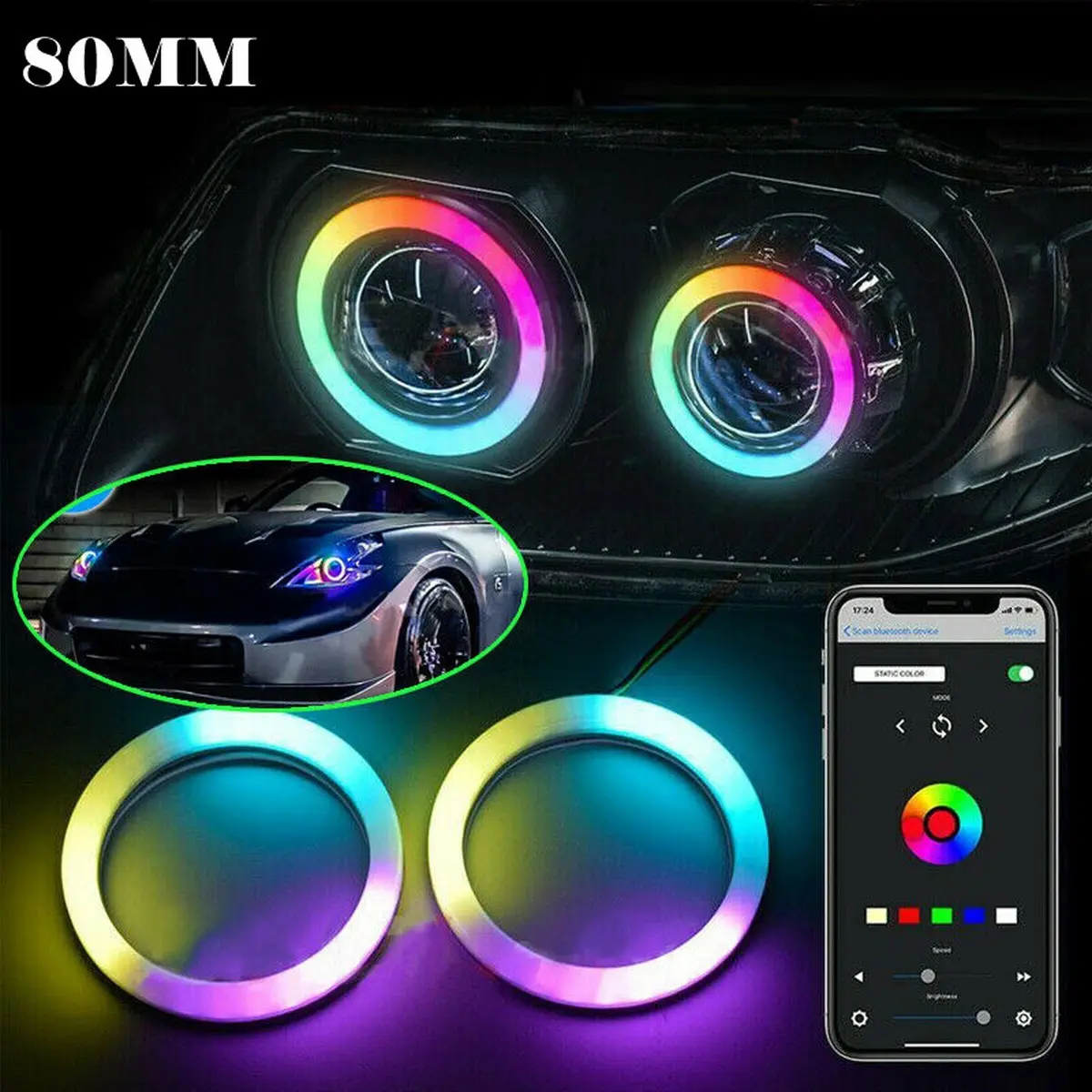 80mm RGB LED Halo Rings for Headlight Retrofit - Multicolor Angel Eyes/Demon Eyes, DIY Car Light Mod, Waterproof Auto Accessories
