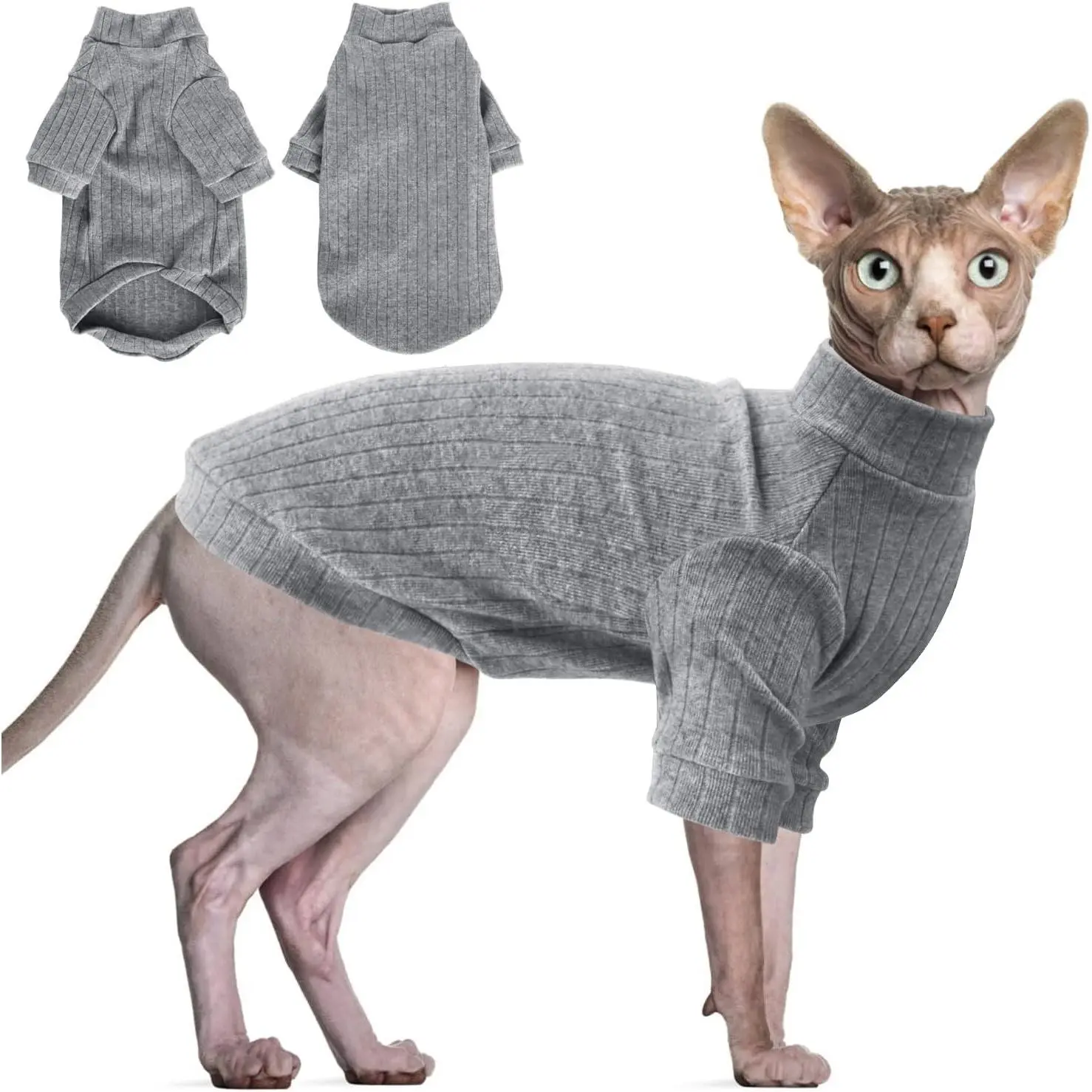 Sphynx Hairless Cats Sweater Shirt Kitten Soft Puppy Clothes Pullover Cute Cat Pajamas Jumpsuit Cotton Apparel Pet Winter Turtleneck for Cats and Teacup Chihuahua Small Dogs(Gray,XS)