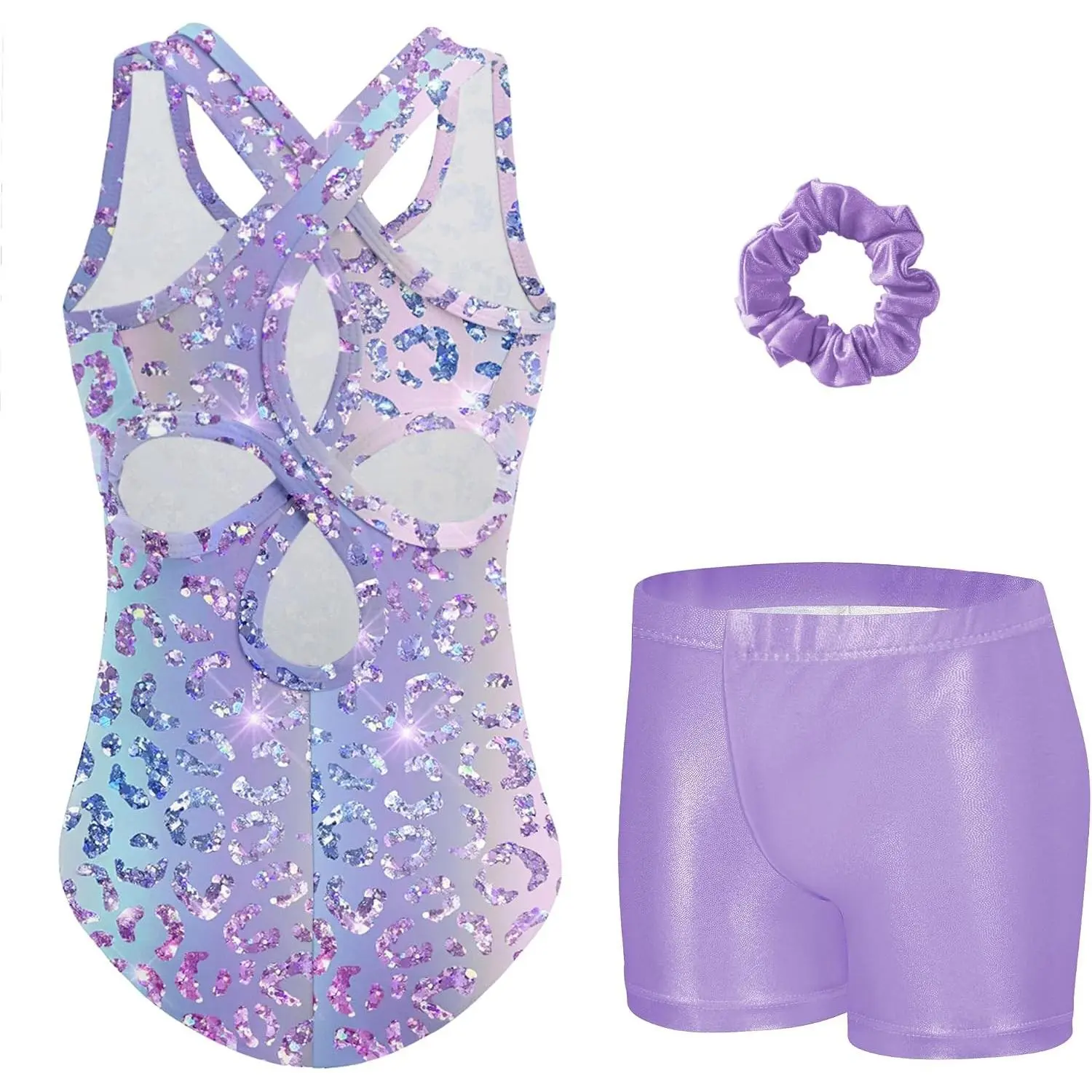 Girls' Sleeveless Gymnastics Leotard & Hollow Back Sparkly Shorts Set - High Stretch, Quick-Drying, for Tumbling & Dance, 3-11 Years