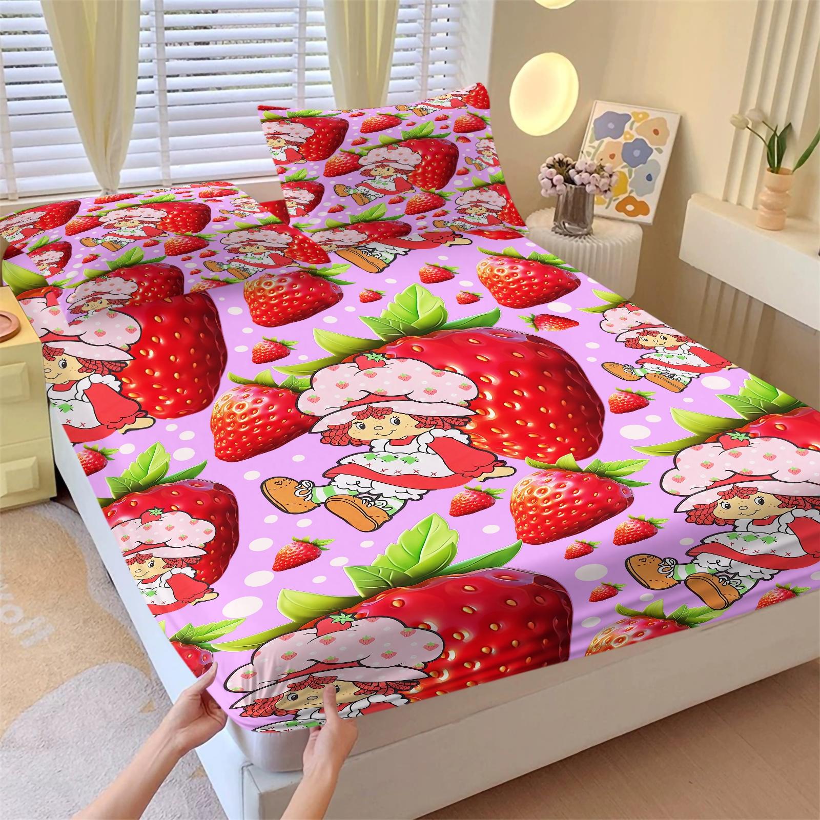 Strawberry Shortcake Purple Dot Fitted Sheet Set, 1 Fitted Sheet + 2 Pillowcases - 3 Pcs Soft Bedding with Deep Pocket, 360° Full Coverage, Wrinkle Free, Cute Strawberry Cartoon Bed Sheets for Girls, Full Size