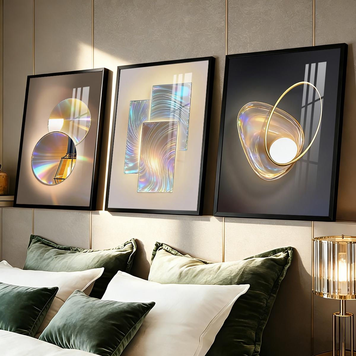 3 Counts Aluminum Alloy Framed Painting, Gradient Iridescent Abstract Light Art Pictures, Home Decoration For Living Room, Bedroom, Office, Restaurant, Hallway Wall Decor, Odorless Print Artwork, Luxury Perfect Gift For Friends And Family