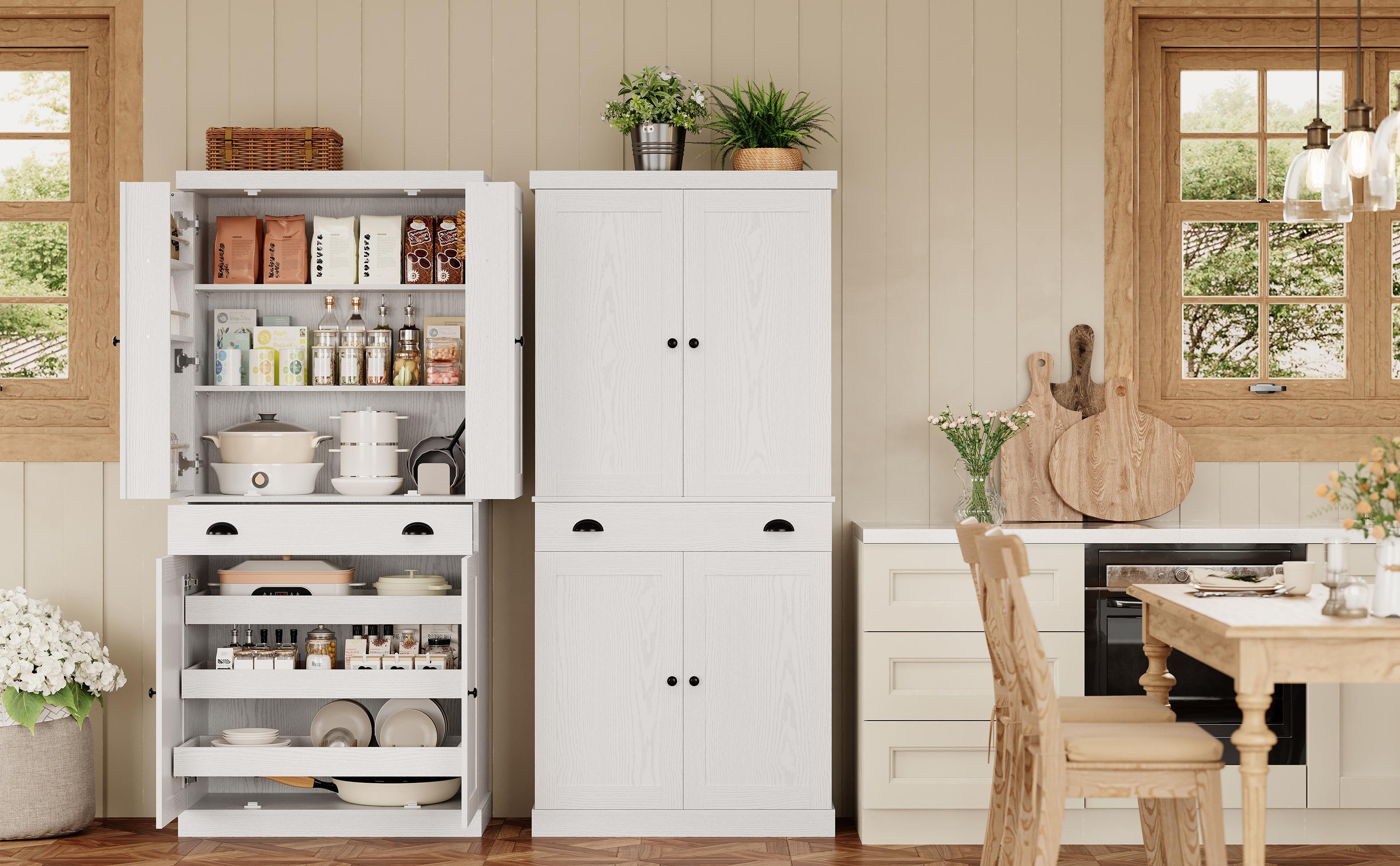 【2 Packages Shipping】IRONCK Kitchen Pantry Cabinet 72" Height, Freestanding Cupboard with Drawer, Sliding Storage Rack, and 6 Hanging Shelves for Dining Room, Laundry 【2 Packages Shipping】IRONCK Kitchen Pantry Cabinet 72" Height, Freestanding Cupboard with Drawer, Sliding Storage Rack, and 6 Hanging Shelves for Dining Room, Laundry