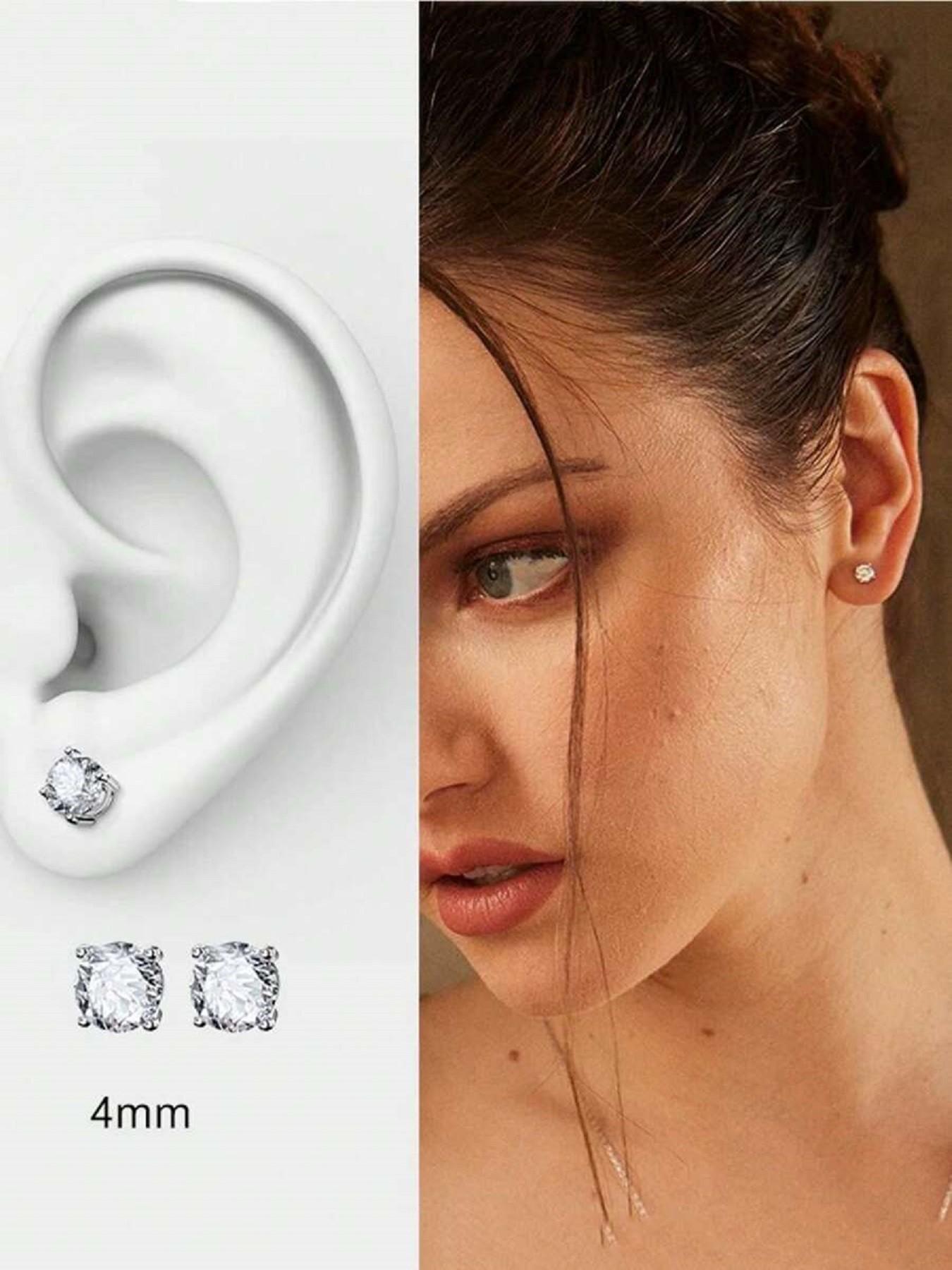 925 Sterling Silver Round Cut Cubic Zirconia Stud Earrings for Women Men, Hypoallergenic 4-Prong Simulated Diamond Earrings, 4MM 6MM 8MM 10MM Sizes Available, Sparkling CZ Earrings for Daily Wear, Anniversary, Birthday Gifts
