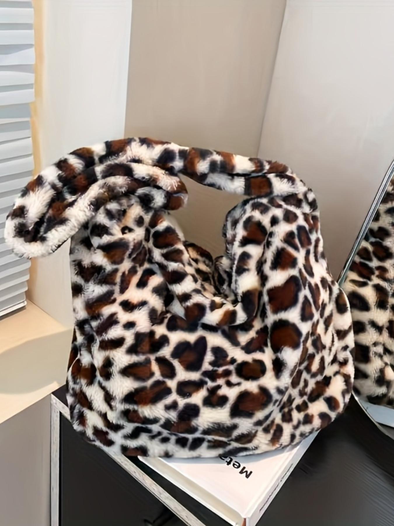 Women's Plush Colorblock Handbag, Trendy Shoulder Crossbody Bag, Leopard Print, Street Fashion Medium Soft Zipper Purse