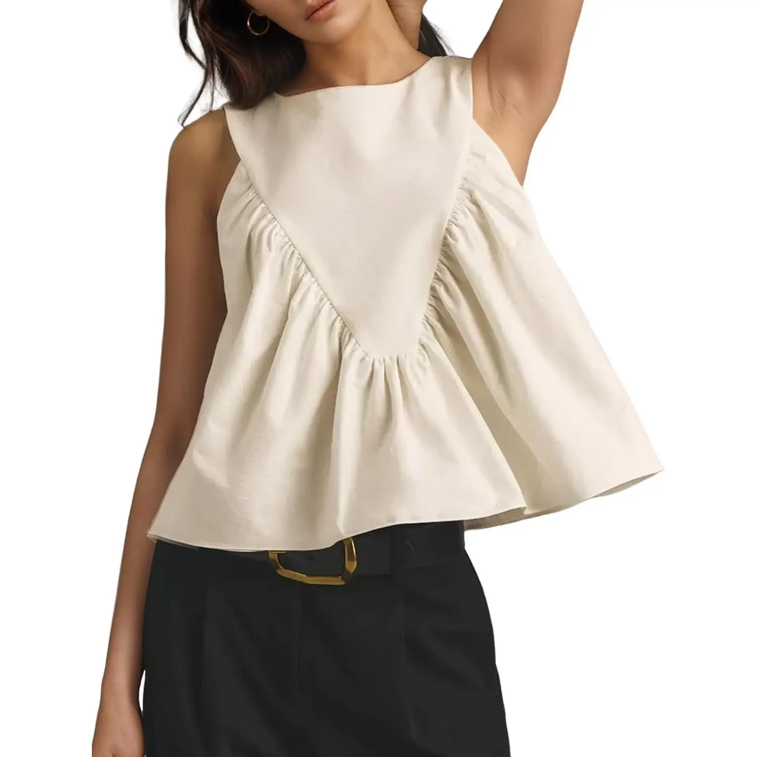 Peplum Tops for Women Shirred Swing Tank Tops Pleated Flowy Vest Casual Sleeveless Blouse Loose Fit Ruffled Shirts