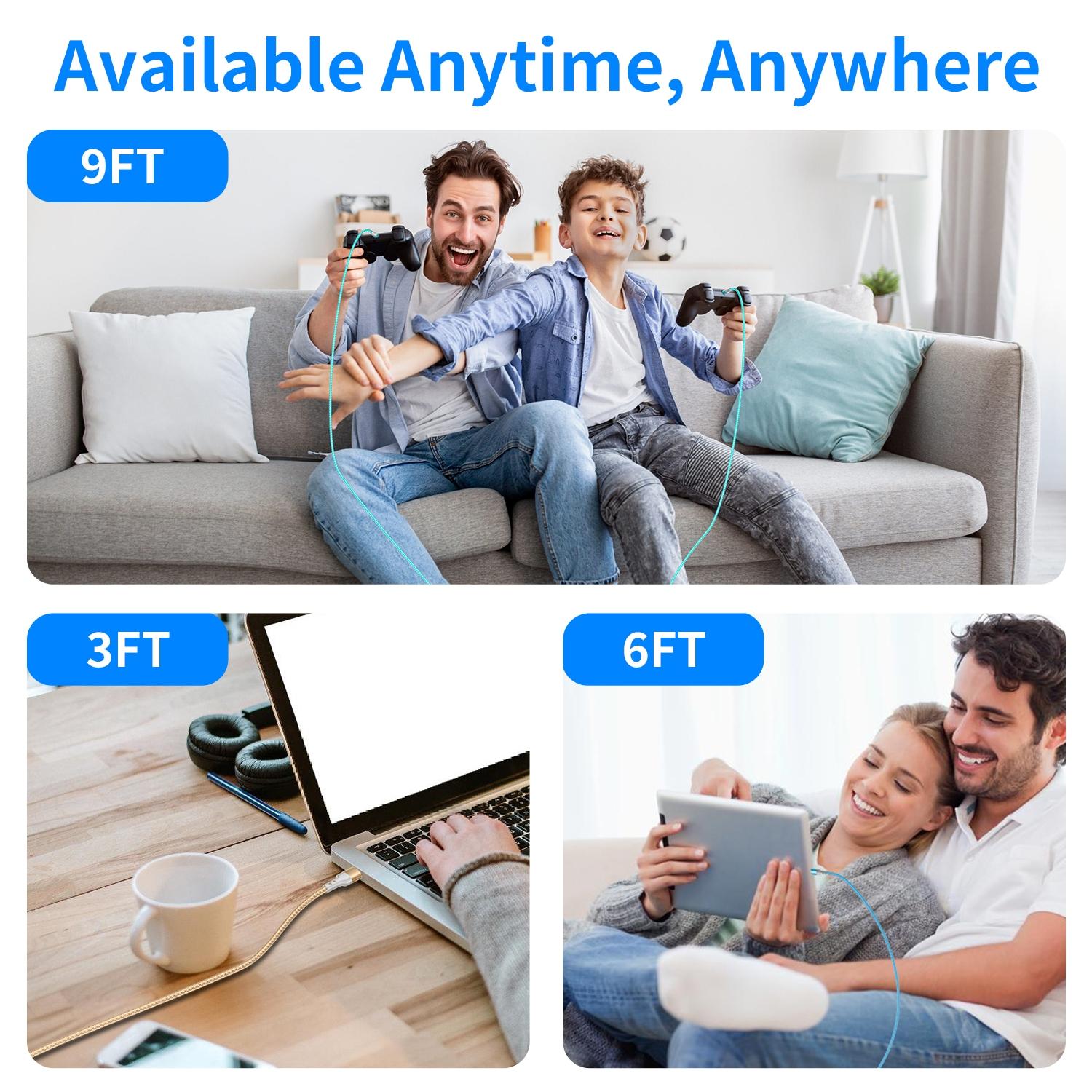 USB Charging Cable (5 Pack/3 Pack/2 Pack), Colorful Nylon Braided Quick Charging Cable for Samsung Galaxy S24, S23, S22, S21, S20, Headphones, Tablet, Laptop, etc. (3ft/6ft/9ft)