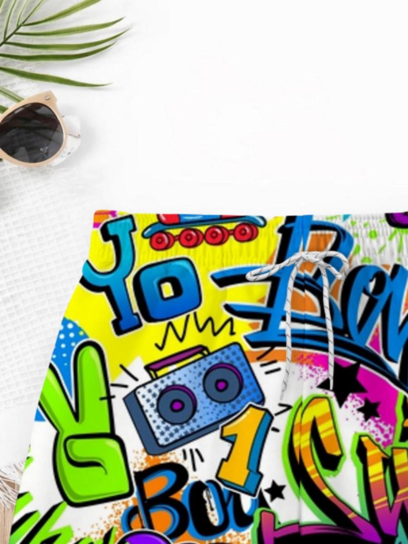 Summer Boys' Cartoon Graffiti Print Drawstring Beach Pants, Kids Loose Fit Trendy Brand Swim Shorts, Casual Short Hems