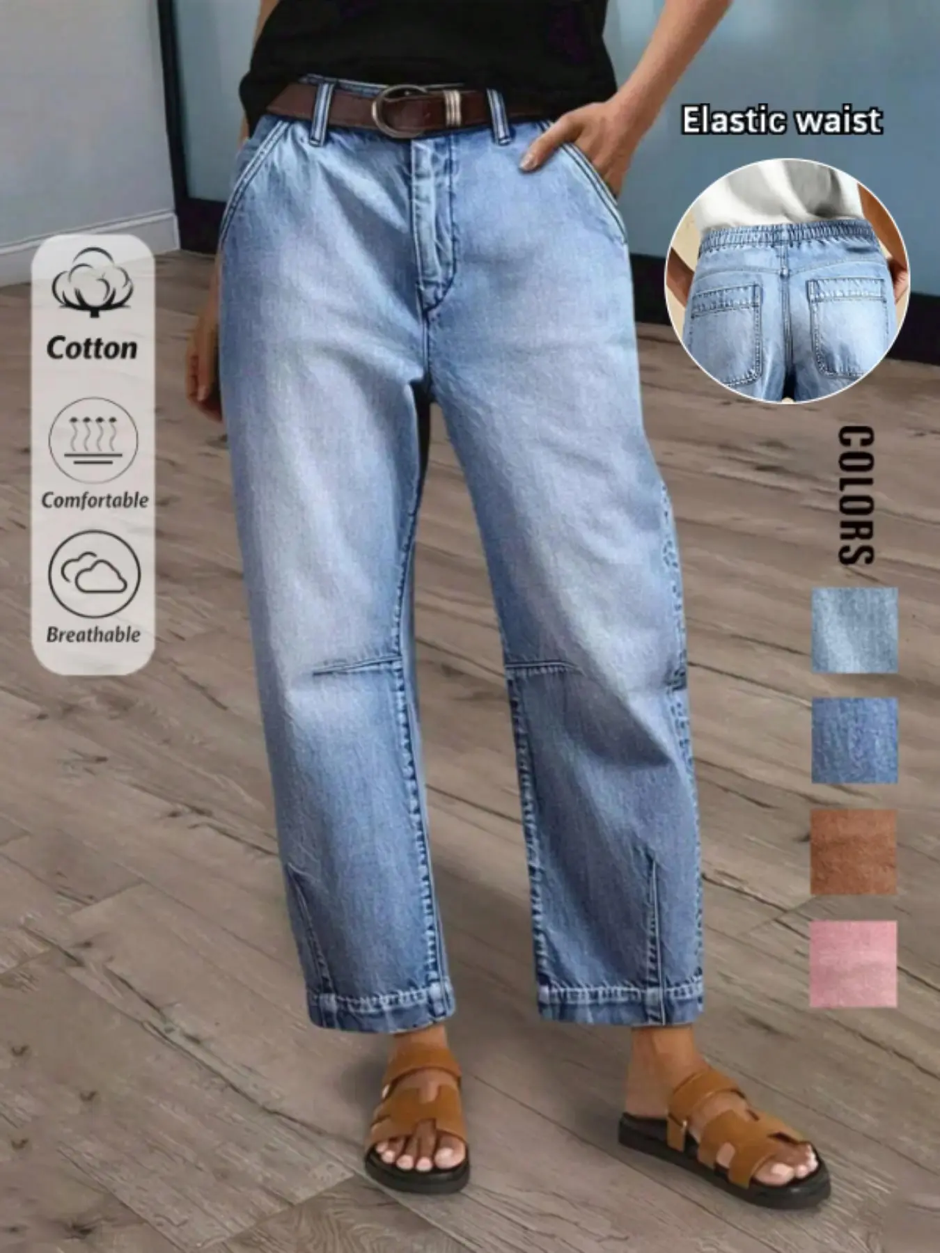 Women's Casual Elegant Light-Washed Tapered Jeans with Pockets, Pleated Details & Button Closure, Slim-Fit Plain Denim Pants, All-Season Essential, Fashionable Ladies' Clothing