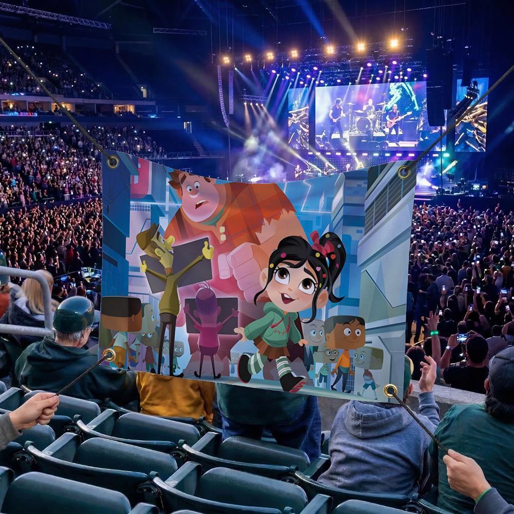 W-Wreck-It Ralph CARTOON Flags Multi Size Atmosphere Flag, Cheerleading Hand Pulled Banner, Portable Outdoor Event Flag & Wall Decor for Sports, Parties, Home and Room Decoration