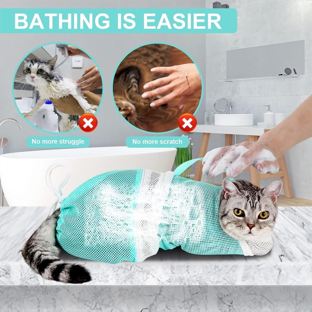 Adjustable Cat Bathing Bag, Anti-Bite & Anti-Scratch Shower Restraint, Breathable Mesh Grooming Bag for Bath, Nail Trimming & Injection