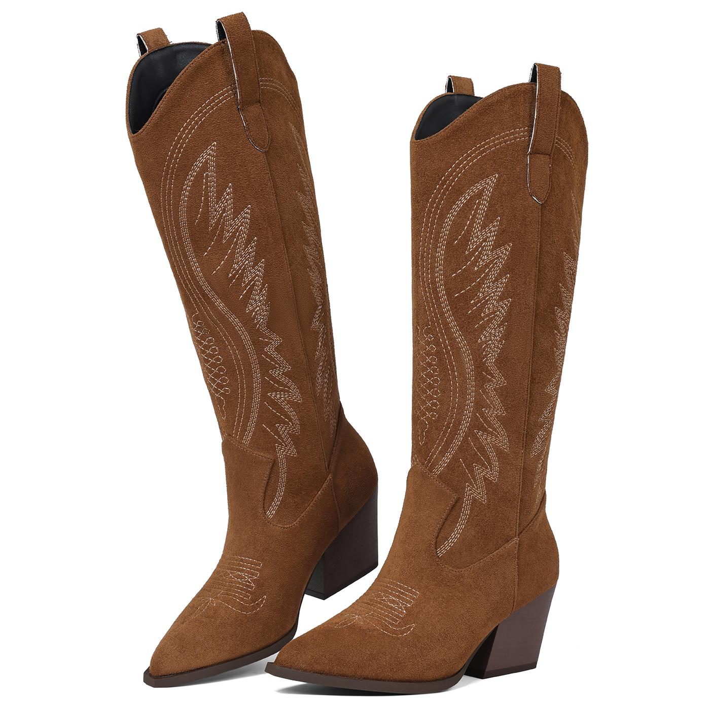 AOSPHIRAYLIAN Women Cowboy Suede Boots Mid Calf Cowgirl Boots Western Red/black/brown Boots Embroidered Suede Pull On Almond Toe Chunky Heel SpringStatements