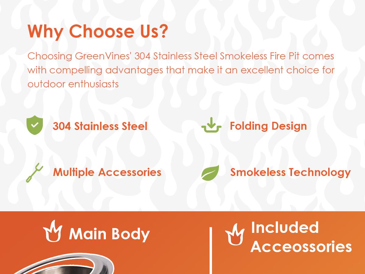 Fire Pit,Smokeless-Fire-Pit， 304 Stainless-Steel-Firepit ，Portable Outdoor Pits with Stand for Camping ，Bag & Sticks & Holders ，Solo Wood Burning Bonfire ，Low Smoke Stove
