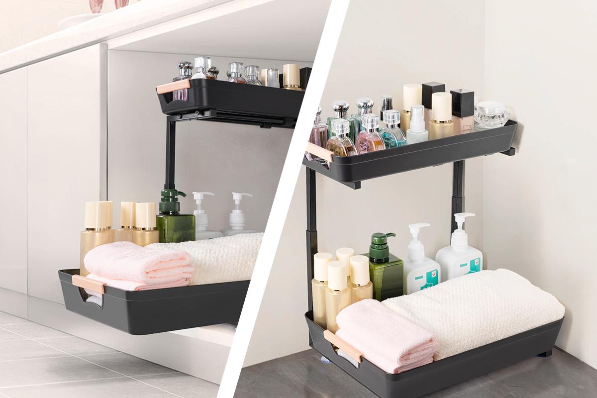 Criusia 【Two-Layer Under-Sink Storage】 Rack – Maximize Space, Organize Like a Pro, Adjustable & Super Easy to Install