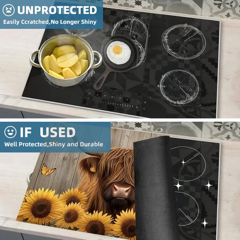 Soft Electronic Stove Panel Protector Pad, Cow Wood Grain Sunflower Design, Scratch Resistant, Easy to Clean, Multi-Purpose Kitchen Cover, Stove Plate