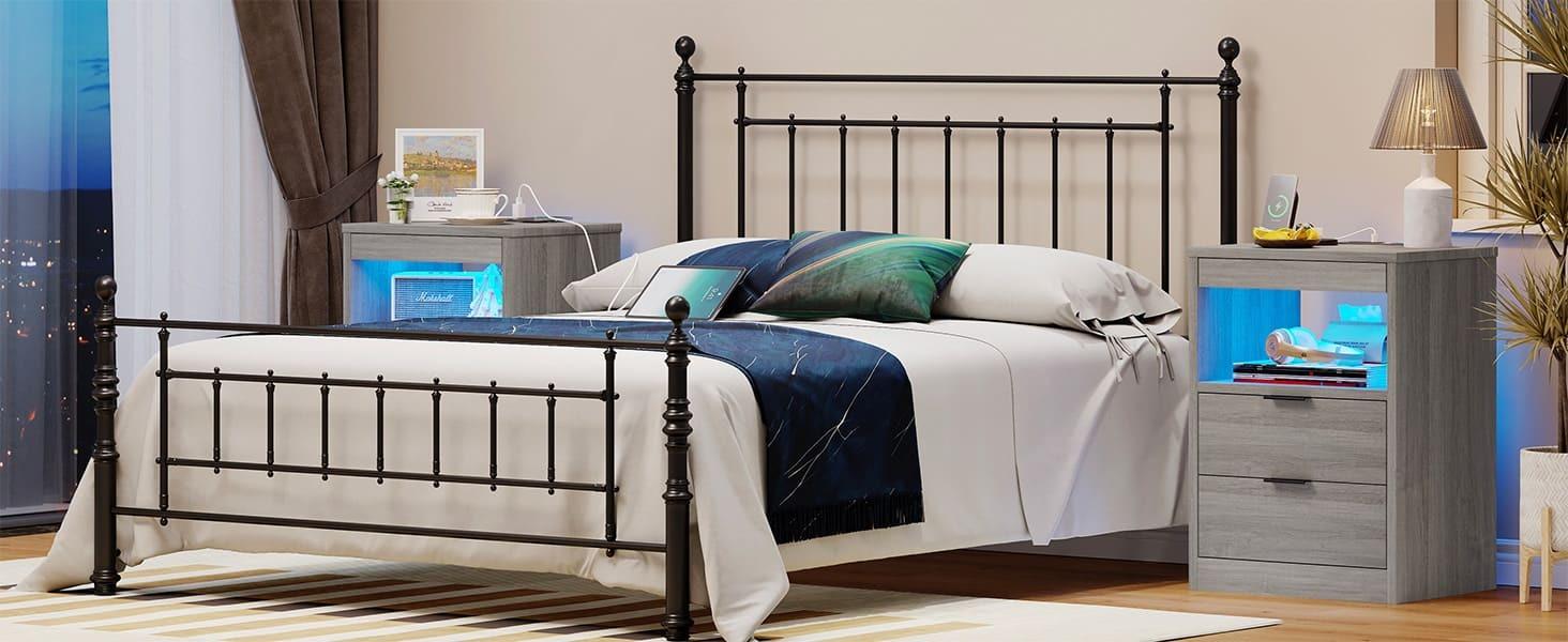 Sikaic Nightstand With Pull-Out Shelf Wireless Charging Station And LED Lights led nightstand Furniture Bedroom Bedside Table Drawer Storage Modern Minimal Home Wood