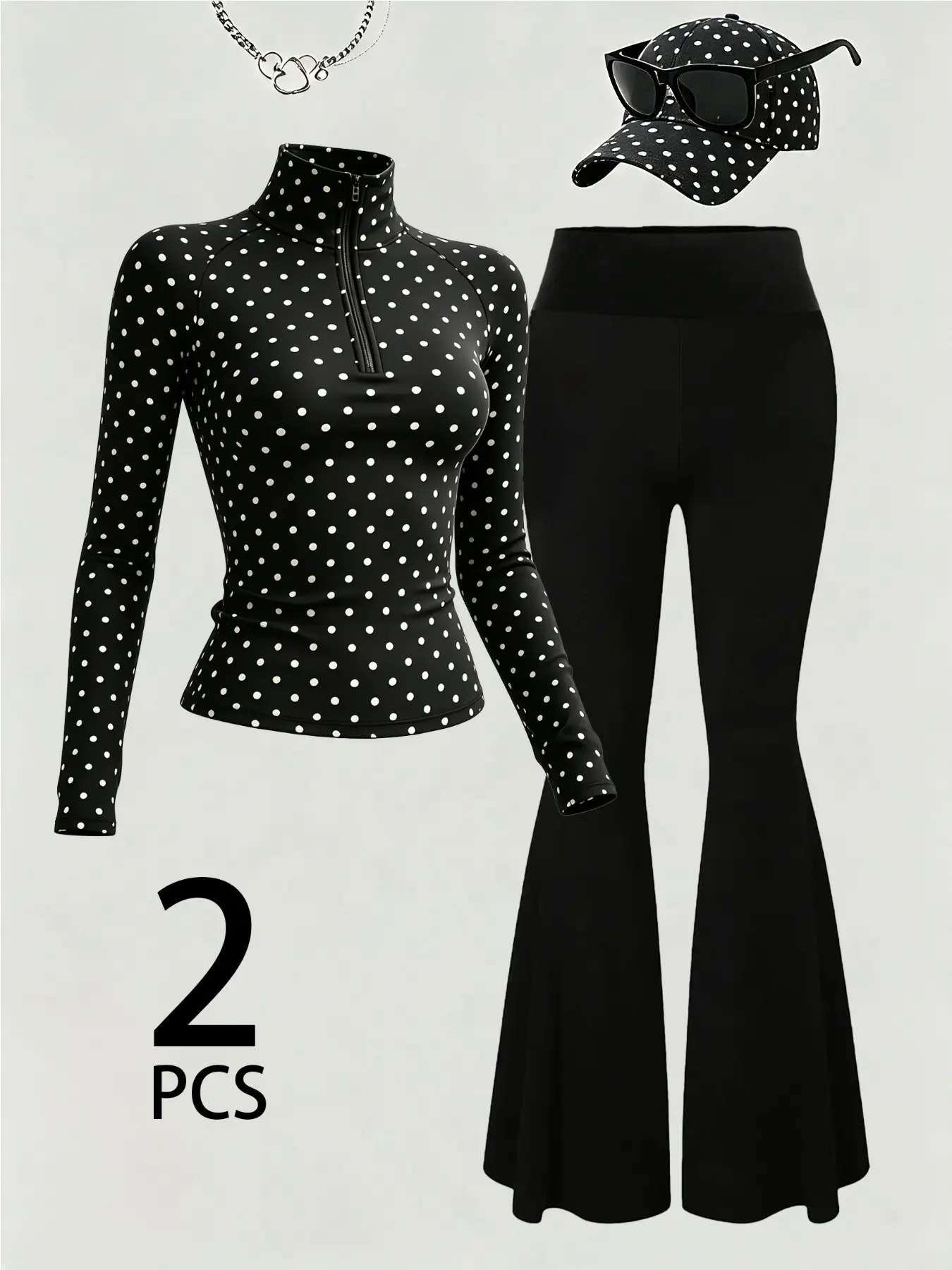 Y2K Two-Piece, Polka Dot Half-Zip Long Sleeve Top, High-Waisted Flare Pants, Comfortable Fit, Street Style, Casual Wear