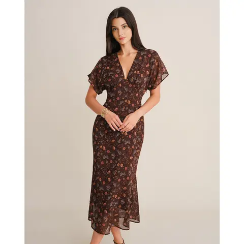 RIHOAS Women's Casual Elegant Coffee Floral Pattern Chiffon Maxi Dress - Casual Wear, Drop Shoulder, A-Line Cut, Long Length for Women