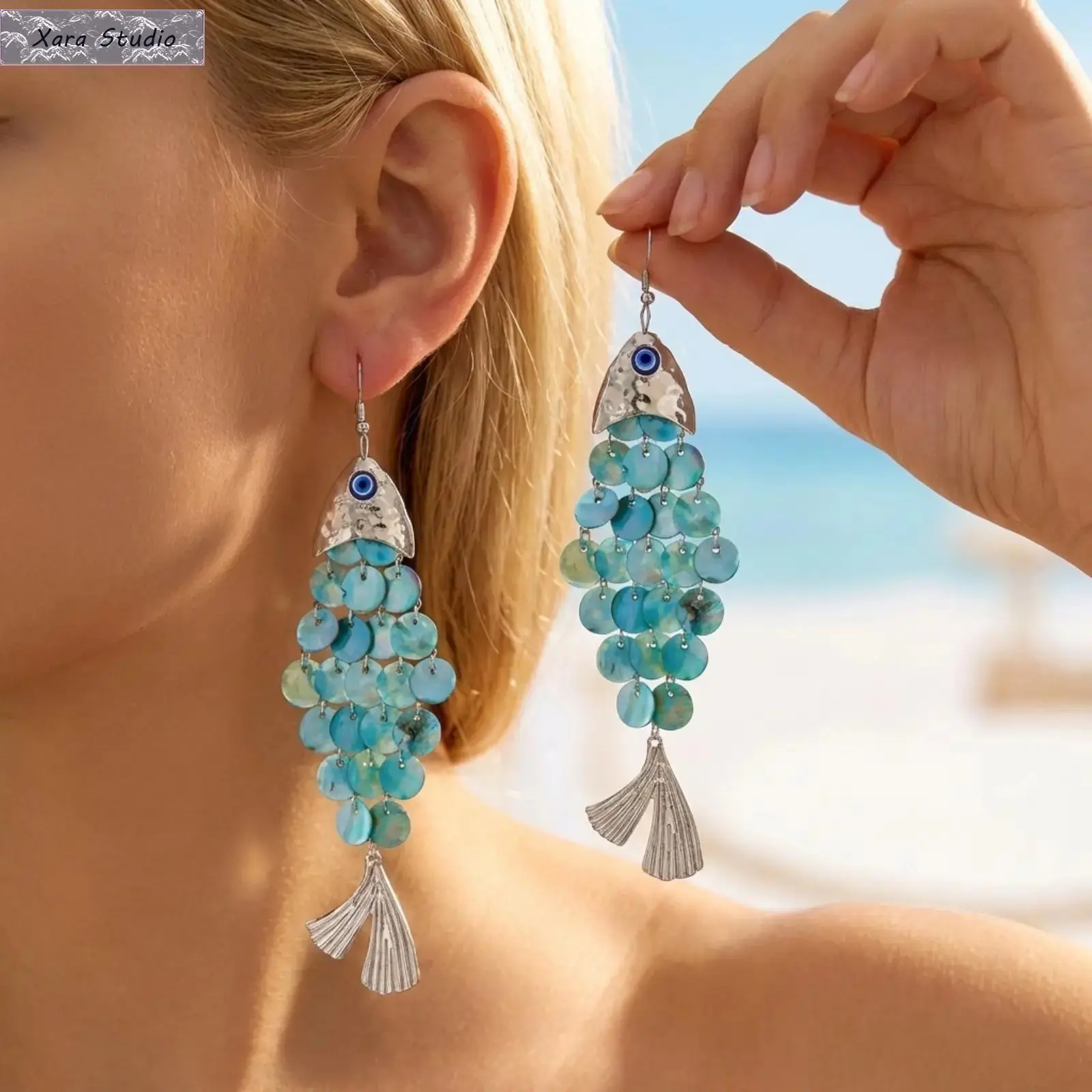 Boho Y2K Fish Drop Earrings for Women, Mediterranean Shell Tassel Evil Eye Dangle Earrings, Handmade Lightweight Statement Jewelry, Summer Beach Vacation & Cruise Outfit Accessory Gift for Her