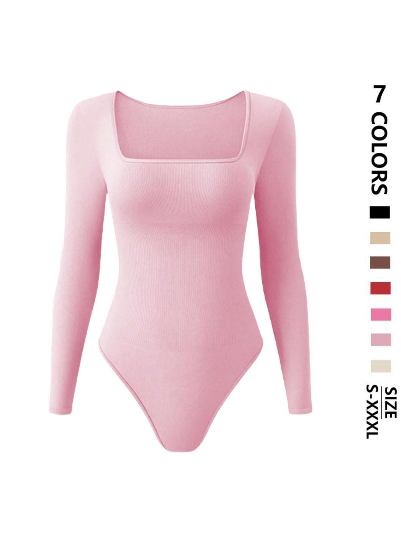 Women's solid knit long sleeve square neck shapewear bodysuit, slim fit, stretchy fabric, tummy control, Tummy Tuck Bodysuit, butt lifting design, comfortable breathable shaping wear, curve enhancer, perfect for daily casual, work, dates, parties