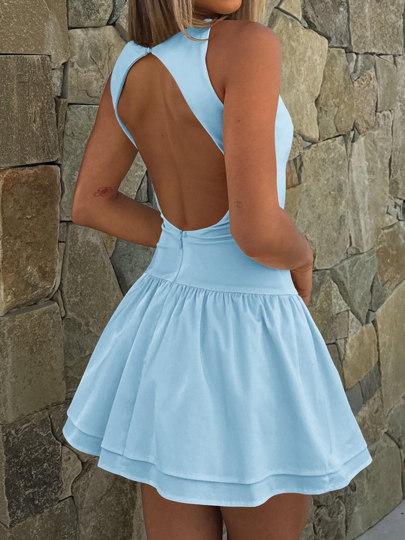 Sexy Backless Halter Neck Sleeveless Dress, Hollow Out Design, Layered Ruffle Hem, Short Casual Dress for Women