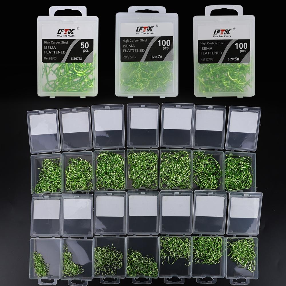 FTK Ise-Ni Fishing Hooks, Fluorescent Green, Flattened, 100pcs Stainless Steel, High-Carbon Steel, Barbed