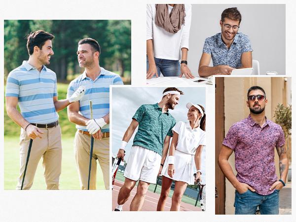 M MAELREG Golf Shirts for Men Print Performance Moisture Wicking Dry Fit Heather Stripe Collared Mens Polo Shirt Short Sleeve SpringStatements
