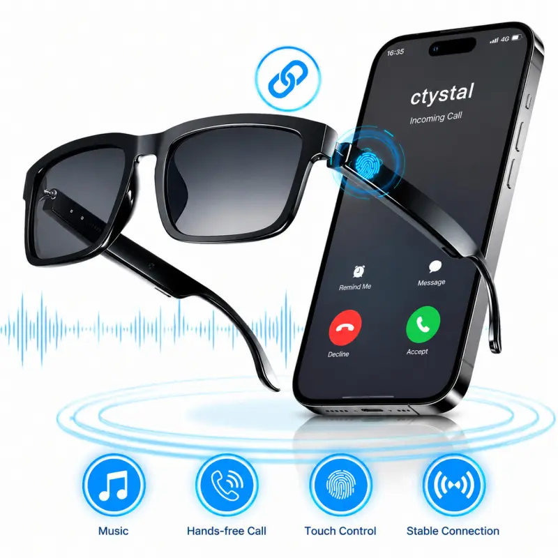 Smart Bluetooth Audio Glasses with Open-Ear Speakers and Built-In Microphone for Hands-Free Calling and Voice Assistant, Multifunctional Audio Sunglasses, Anti-UV Sunglasses with Touch Control for Running, Driving