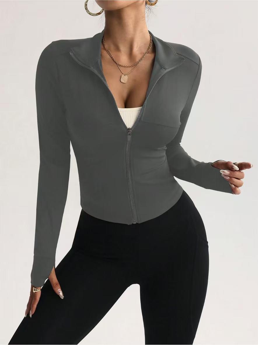 Women's Ultra-Soft Lightweight Full Zip Solid Zipper Front Yoga Jacket, Casual Fitted Jacket, Long Sleeve Stand Collar, Slim Fit Casual Sports Top, Comfortable Fashion Design