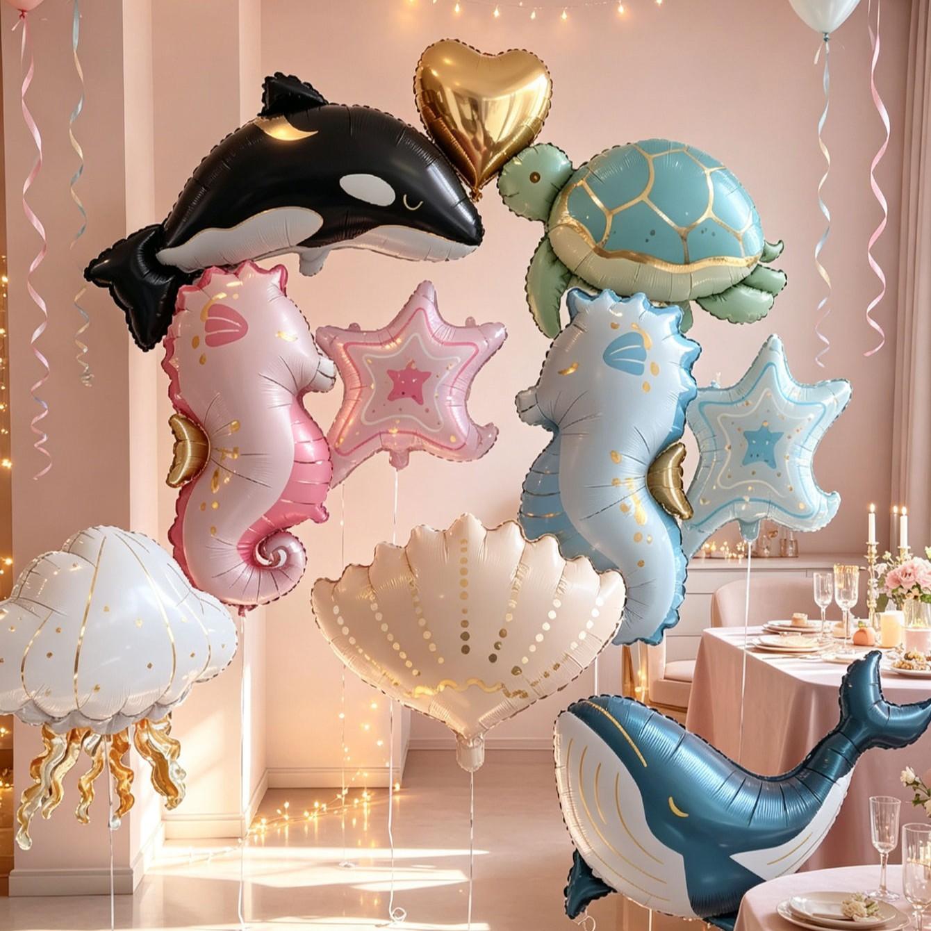 12-Piece Ocean Animal Aluminum Foil Balloons Set, Shell, Blue Whale, Jellyfish, Turtle, Seahorse, Orca, Heart Shape, Party Decorations