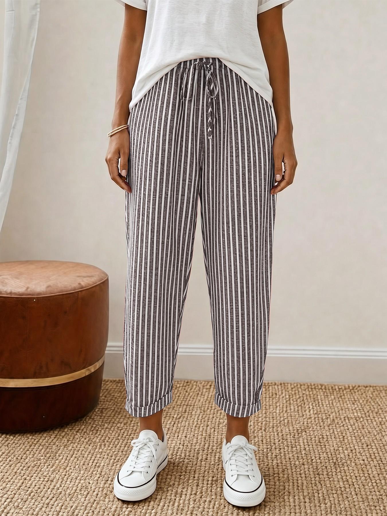Women 2026 New Arrival Vertical Striped Linen Blend Cropped Pants, High Waist Drawstring Cuffed Casual Capri Trousers with Pocket, Summer Loose Fit Beach Everyday Jogger Pants, All Season, Casual Style Bottoms