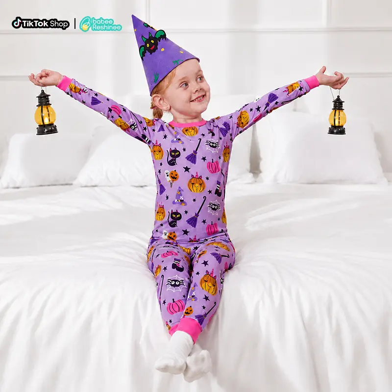 babee Reshinee Toddler Girls' 2-Piece Bamboo Blend Pajama Set, Long Sleeve High Graphic Halloween Sleepwear, Tagless Round Neck, Soft Breathable Stretchy Cozy Snug Fit, All Seasons, 12M-8Y