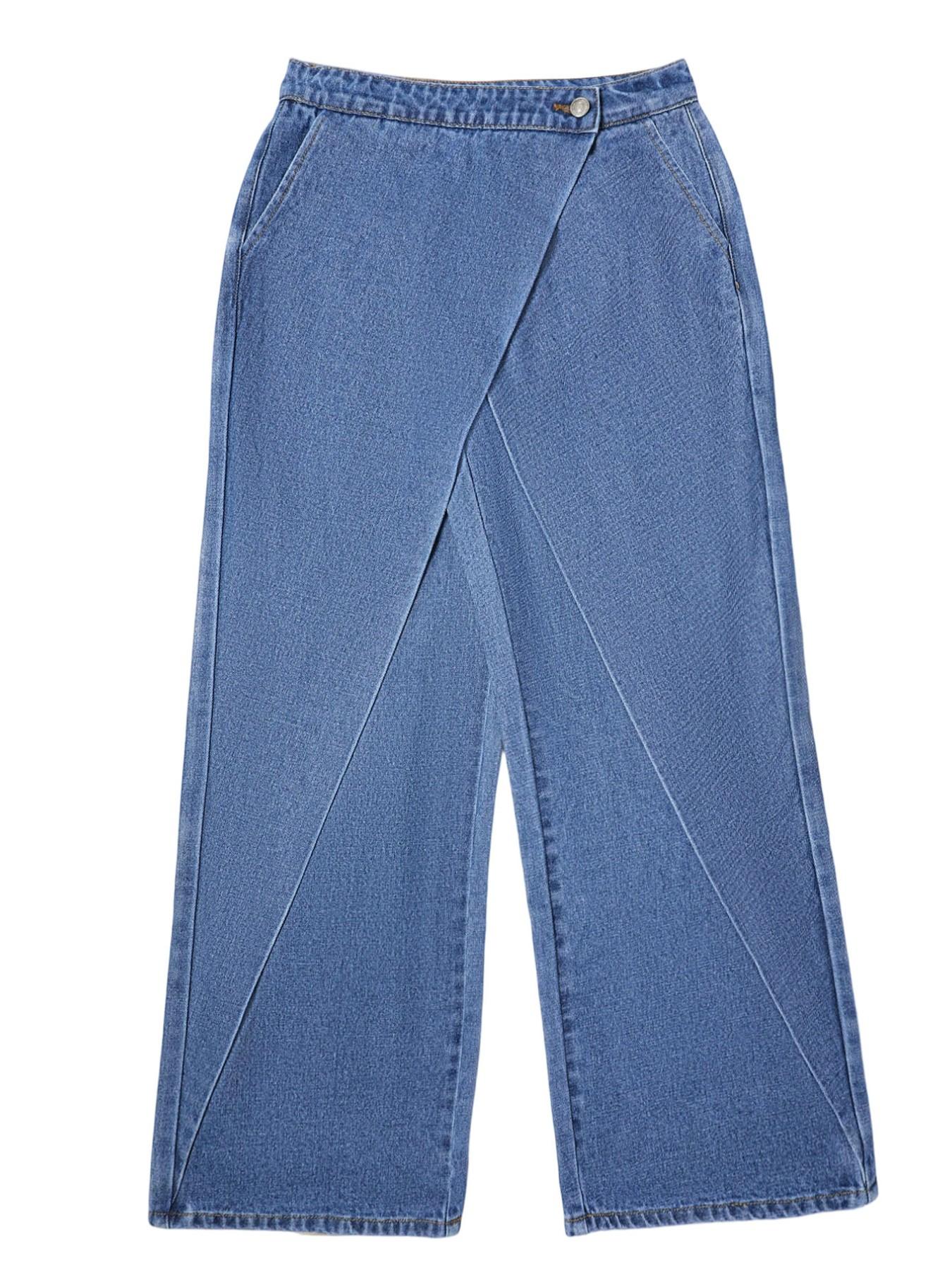 Lkuily Women's Medium Wash Crossover High Waisted Denim Wrap Over Cross Front Single Button High Waist Wide Leg Floor Length Jeans, Diagonal Stitch Drape Loose Hip Cover Long Straight Pants, Minimal Office Unique Design Casual Denim Trousers, Bottoms